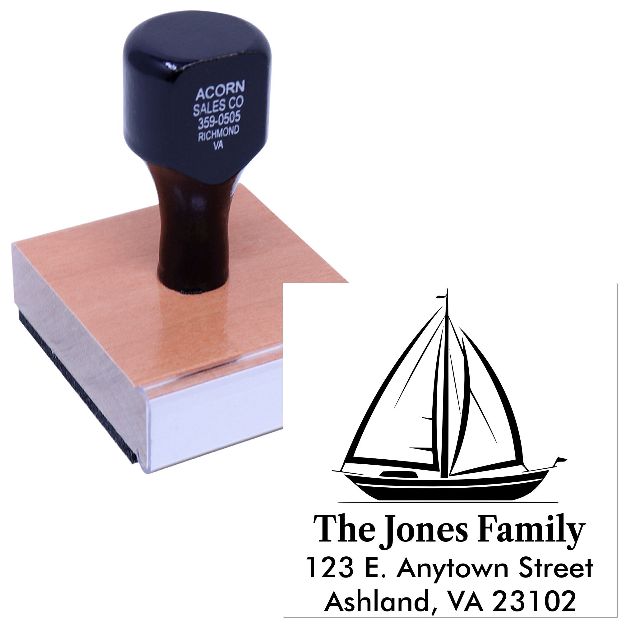 Custom rubber address stamp with sailboat logo and family name for personalized mailing and return addresses.