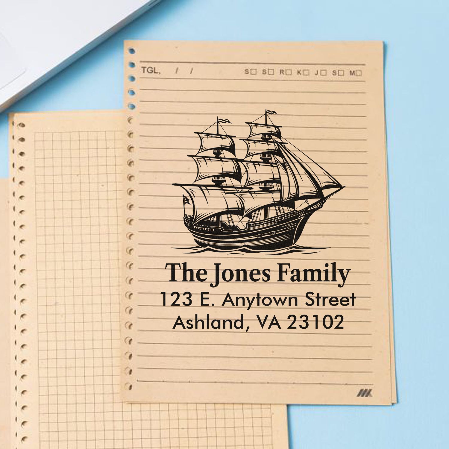 Custom nautical return address rubber stamp for The Jones Family with sailing ship design.