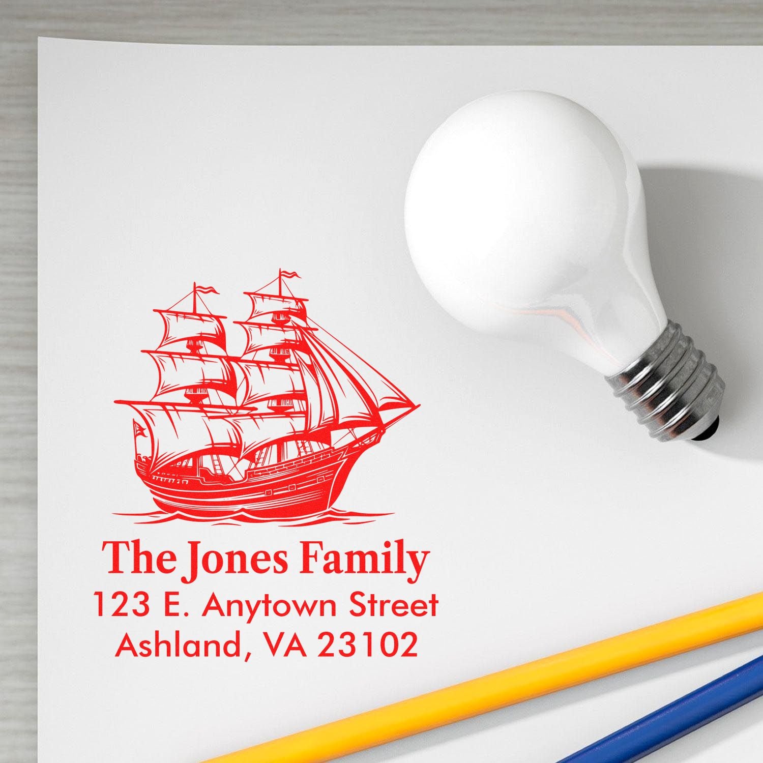 Custom rubber stamp return address with nautical sailing ship design for The Jones Family, Ashland, VA.