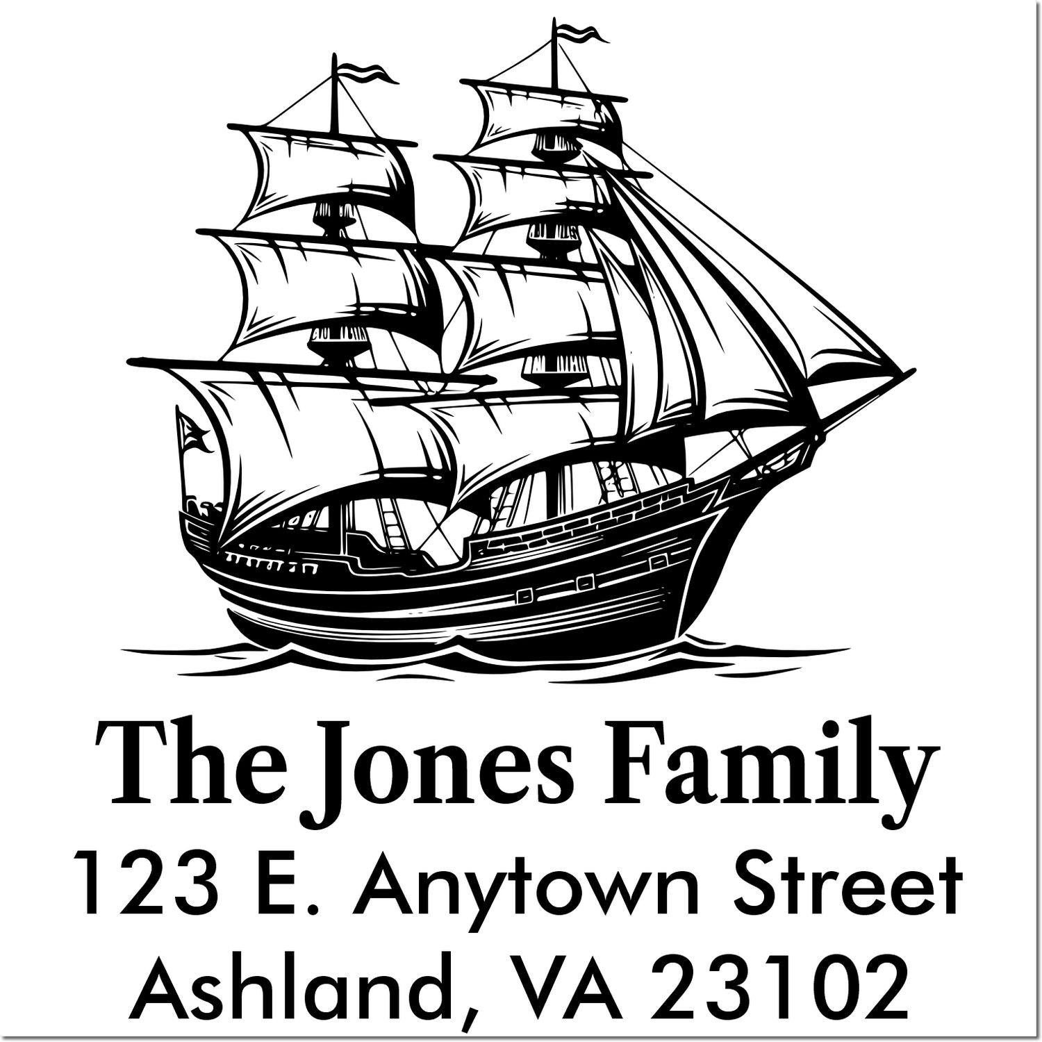 Custom nautical return address rubber stamp featuring a sailing ship and The Jones Family, Ashland, VA 23102.
