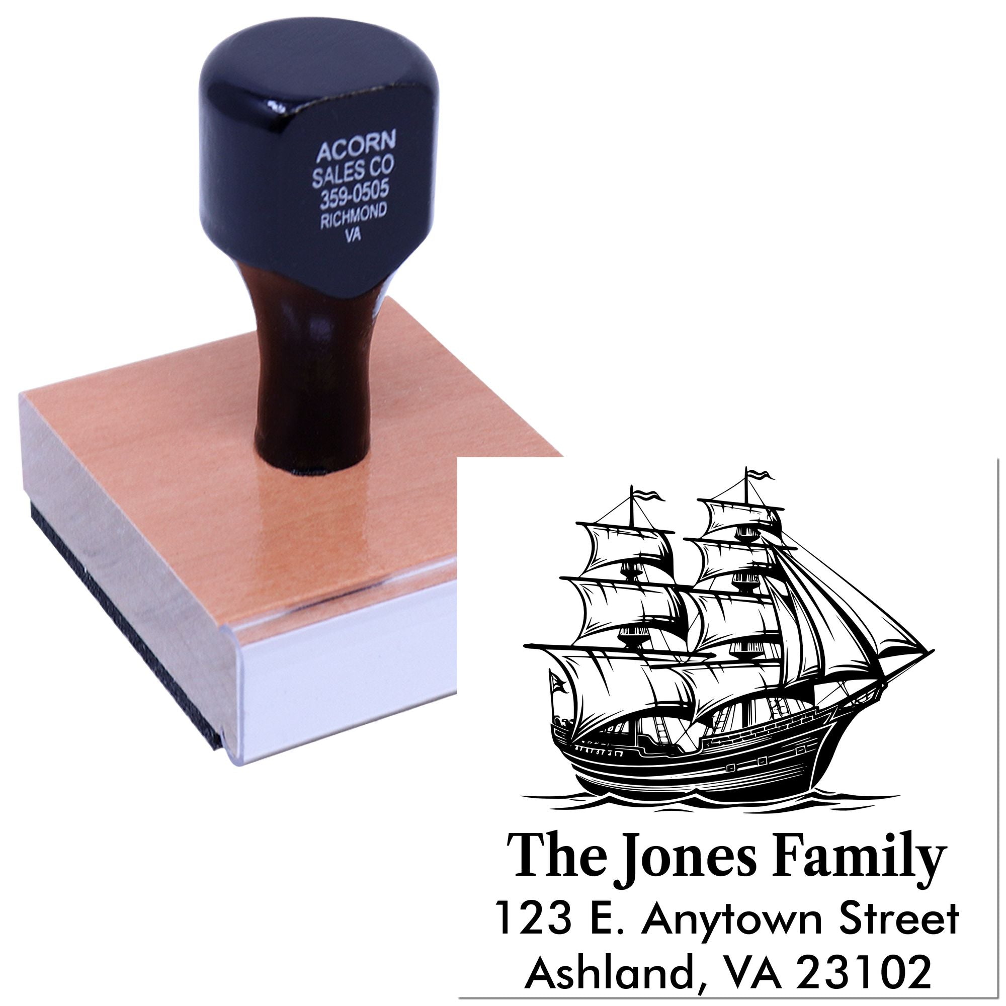 Custom rubber return address stamp with sailing ship design and personalized family name imprint.