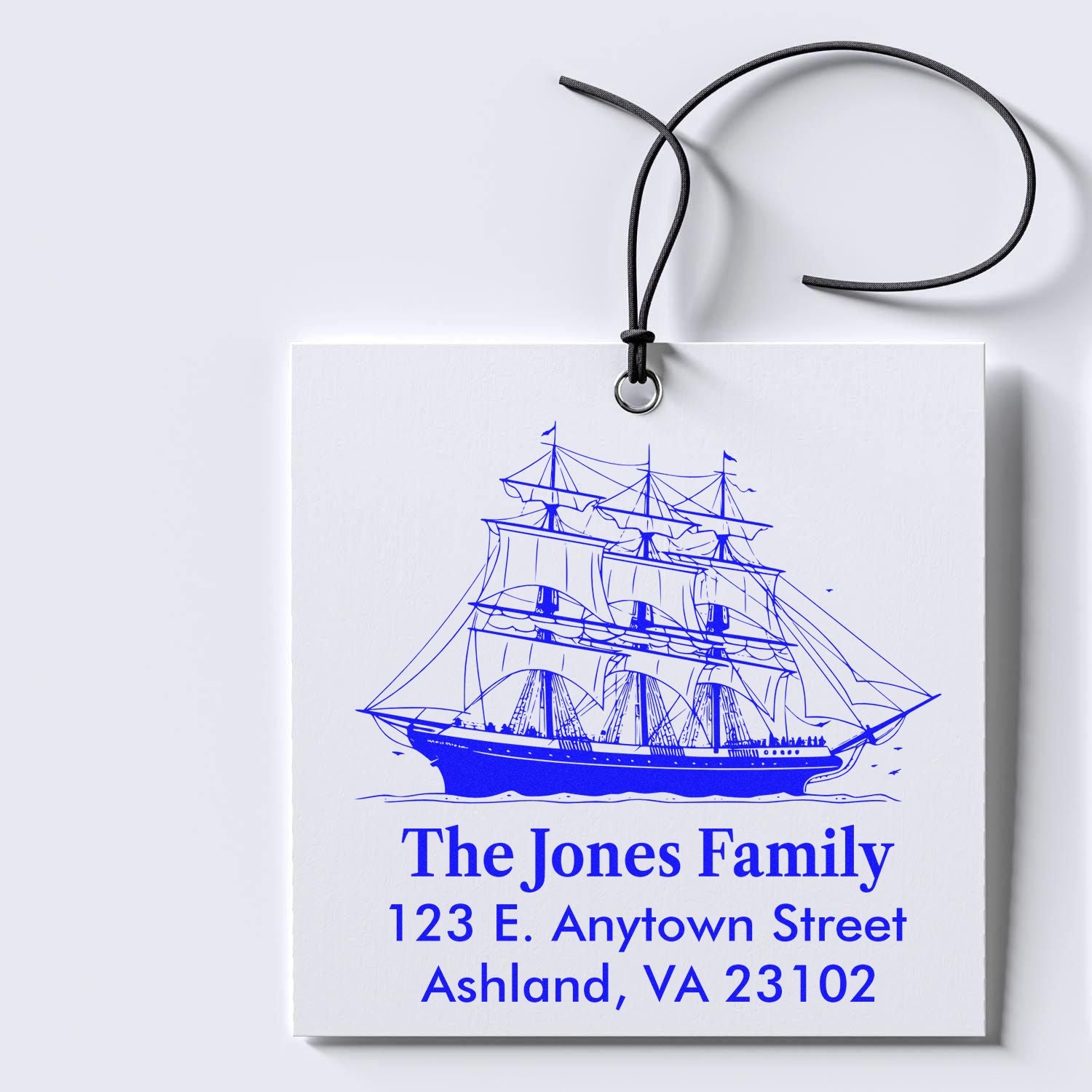 Custom rubber stamp with sailing ship design and personalized return address for The Jones Family in Ashland, VA