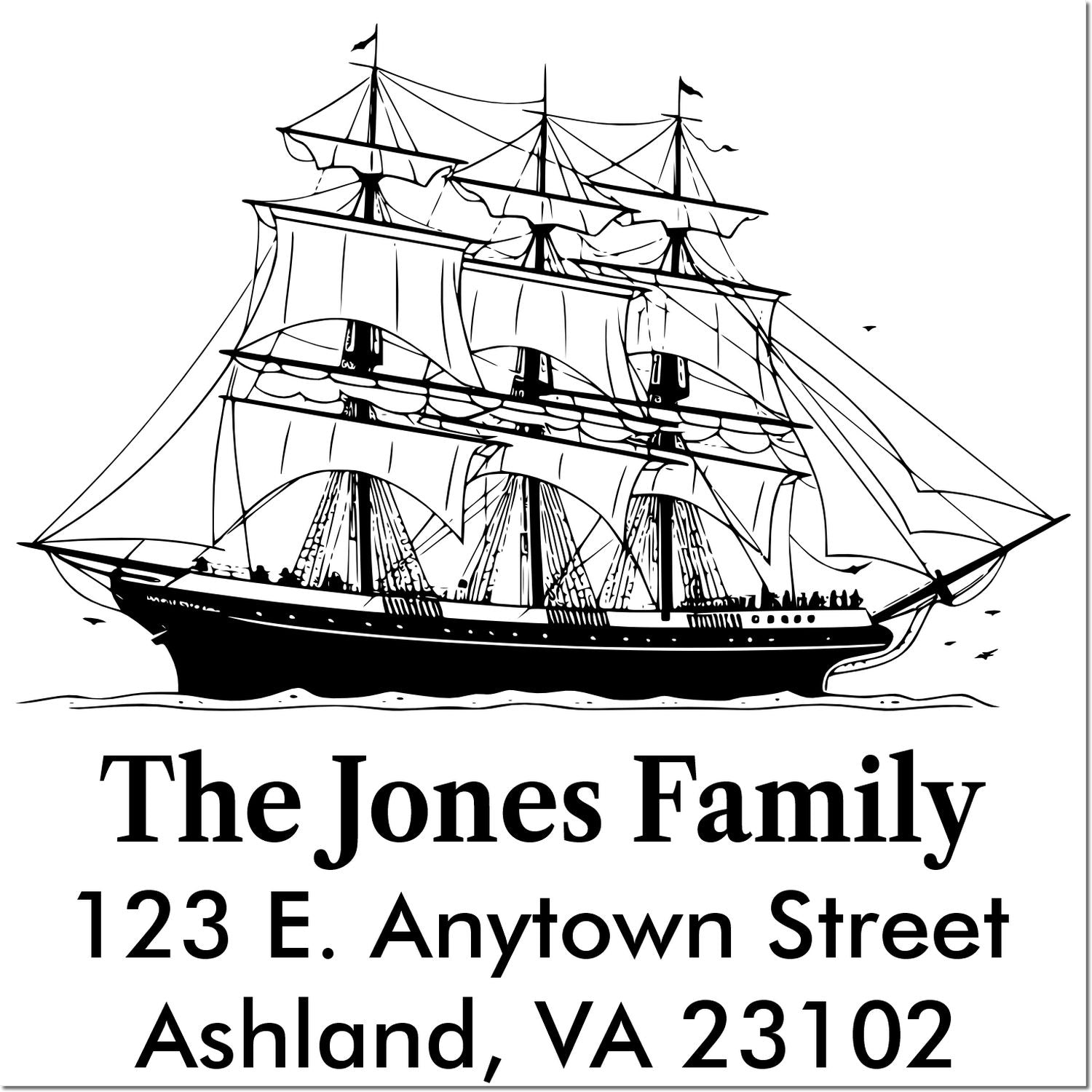 Personalized nautical return address rubber stamp with tall ship illustration for The Jones Family.