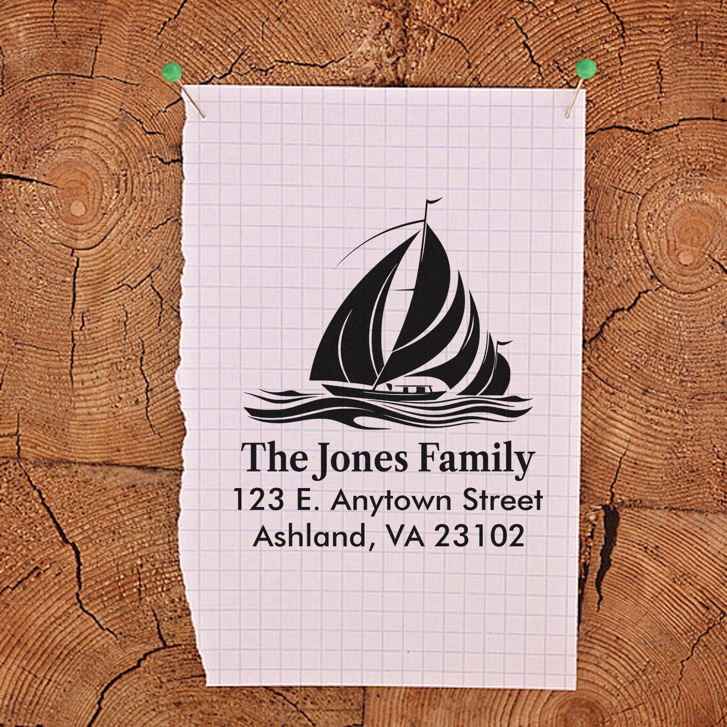 Custom sailboat return address rubber stamp for The Jones Family, with name and address for personalized mailing.