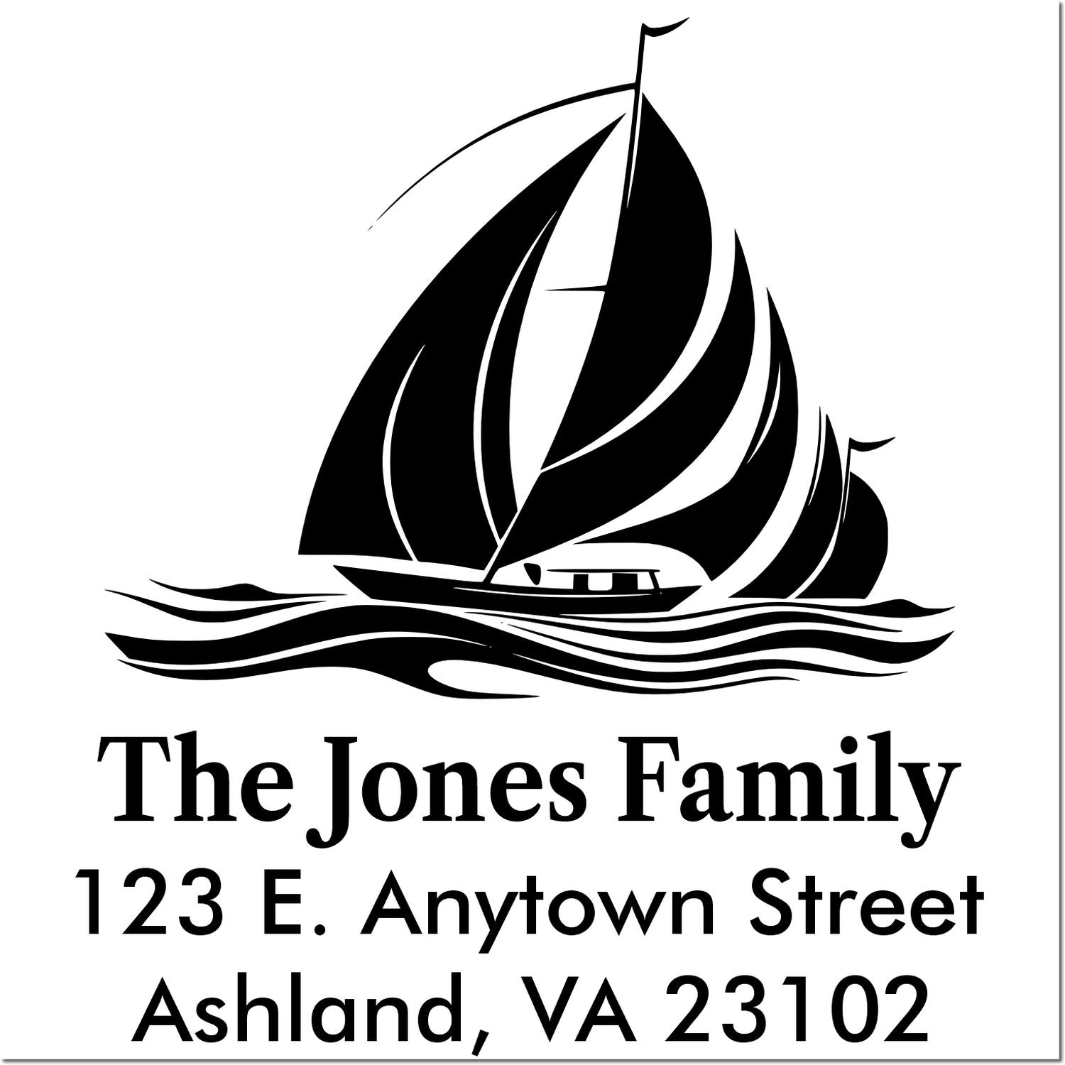 Custom sailboat return address rubber stamp for The Jones Family, 123 E. Anytown Street, Ashland, VA 23102