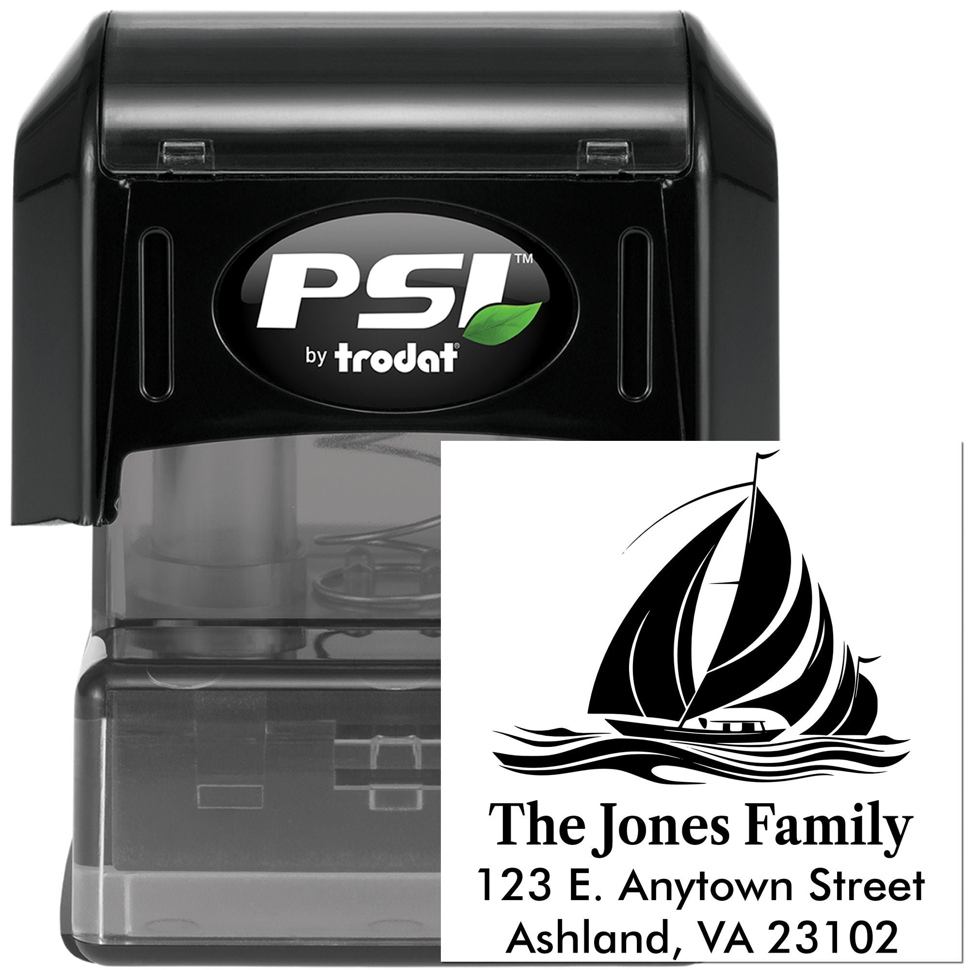 PSI by Trodat self-inking rubber address stamp with sailboat design and custom family return address.
