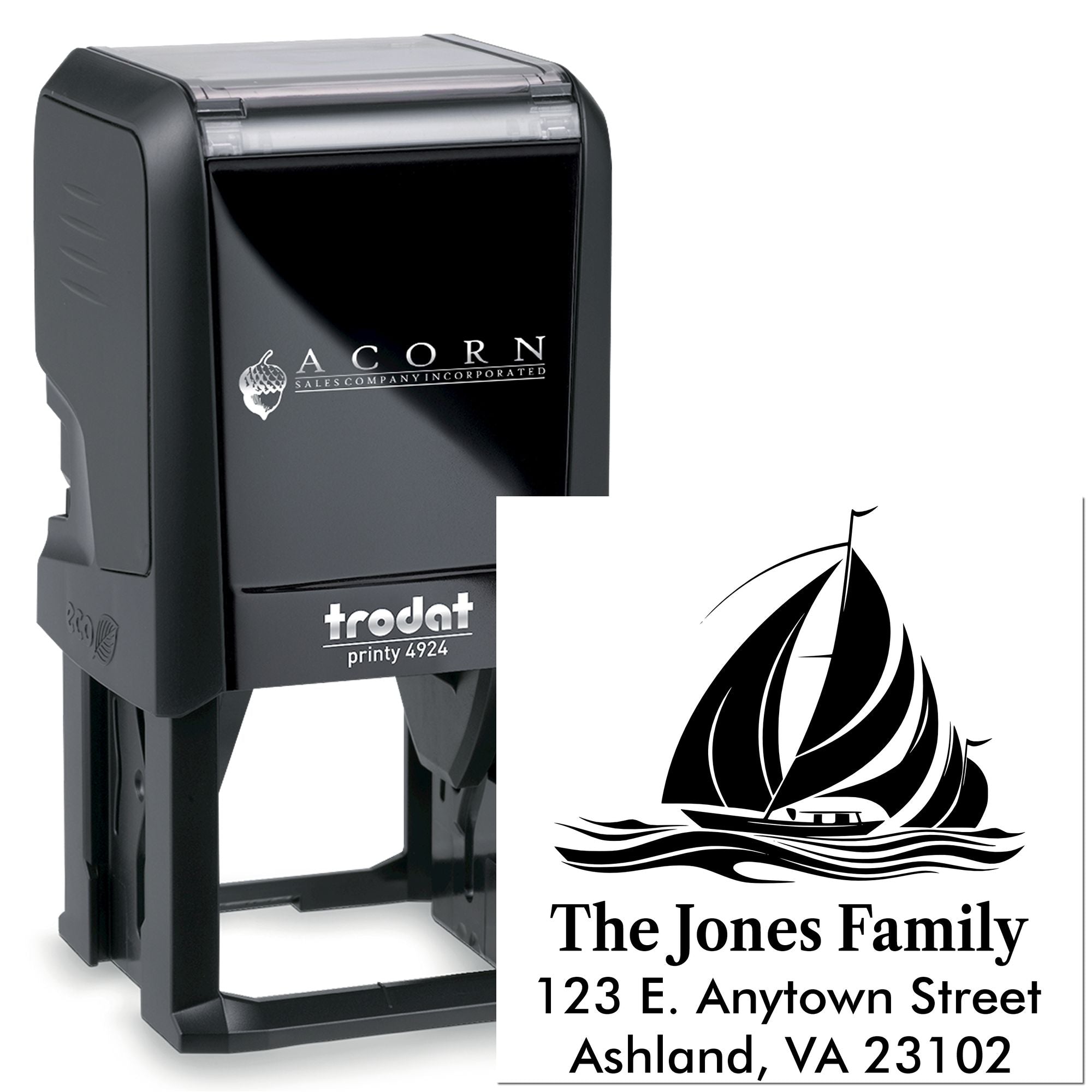 Trodat Printy 4924 custom self-inking rubber stamp with sailboat return address design for personalized family mail.