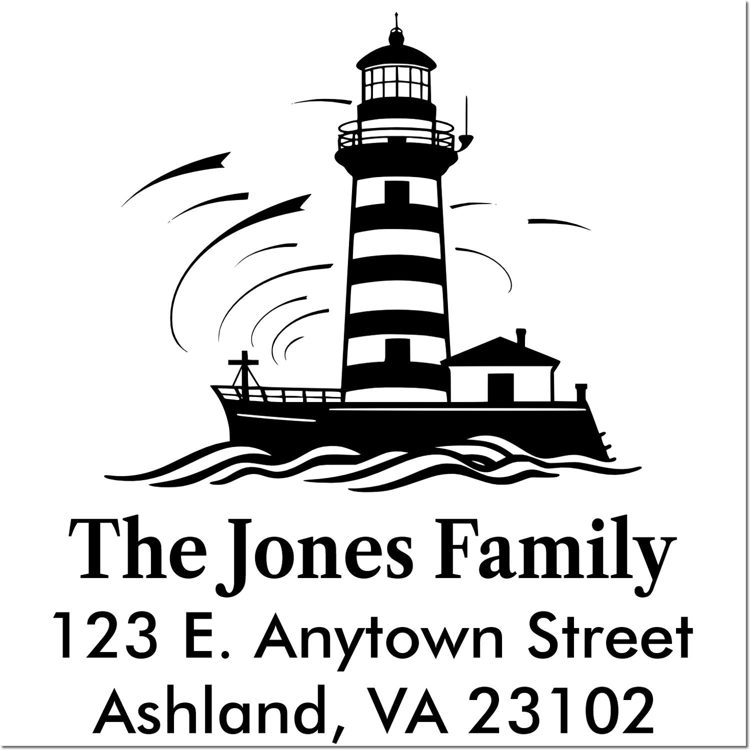 Custom return address rubber stamp with lighthouse design for The Jones Family, 123 E. Anytown Street, Ashland, VA 23102