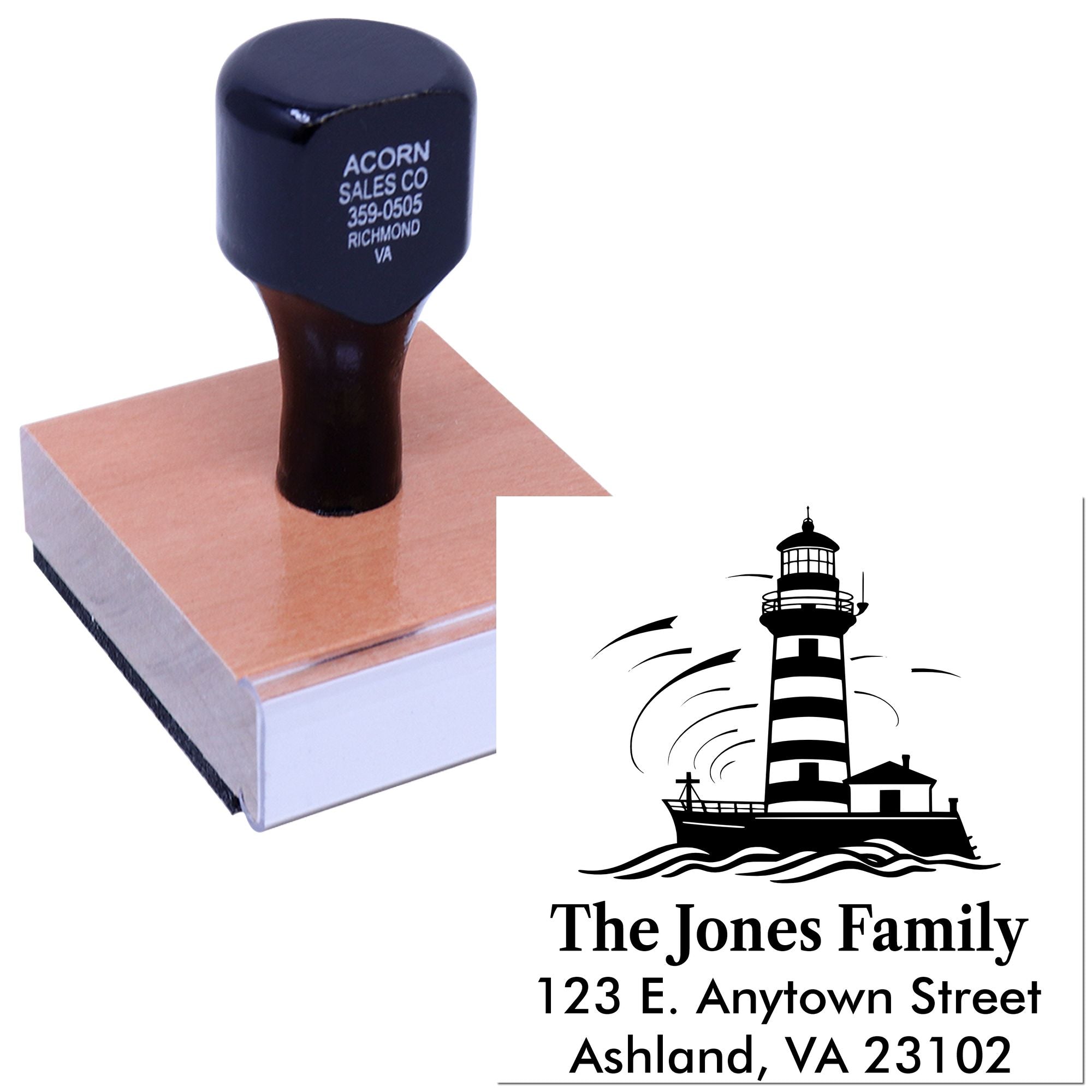 Custom rubber address stamp with lighthouse family design for personalized mailing labels and stationery.