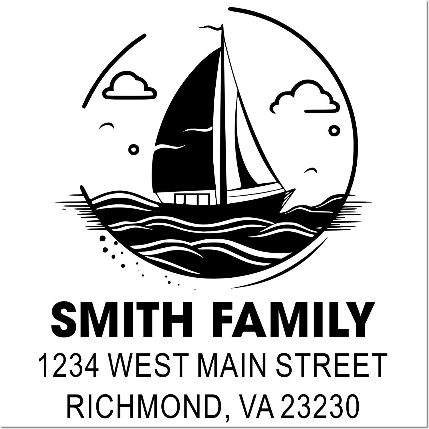 Custom sailboat return address rubber stamp for Smith Family, 1234 West Main Street, Richmond, VA 23230.