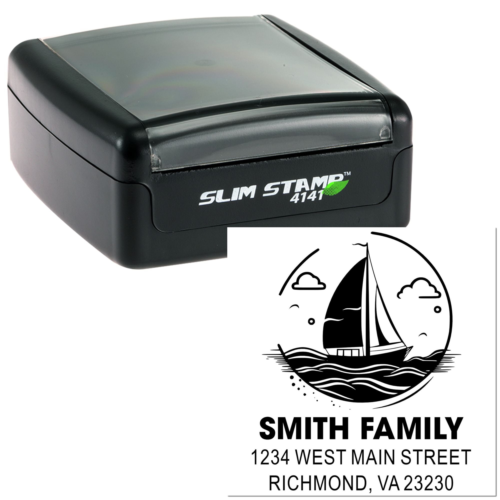 Custom sailboat family address rubber stamp, self-inking Slim Stamp 4141, with personalized name and address imprint.