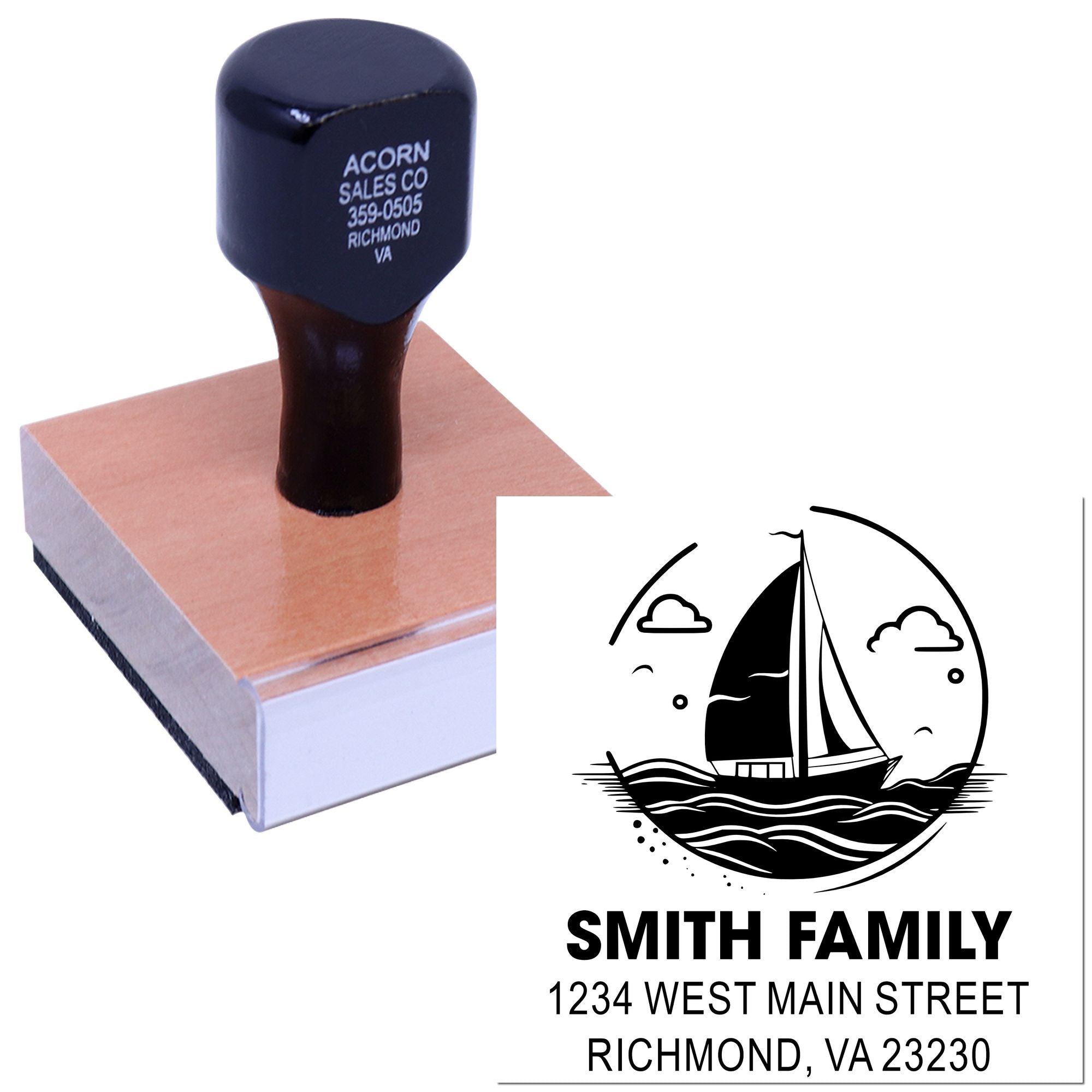 Custom rubber address stamp with sailboat logo and Smith Family return address, ideal for personalized mailing and stationery.