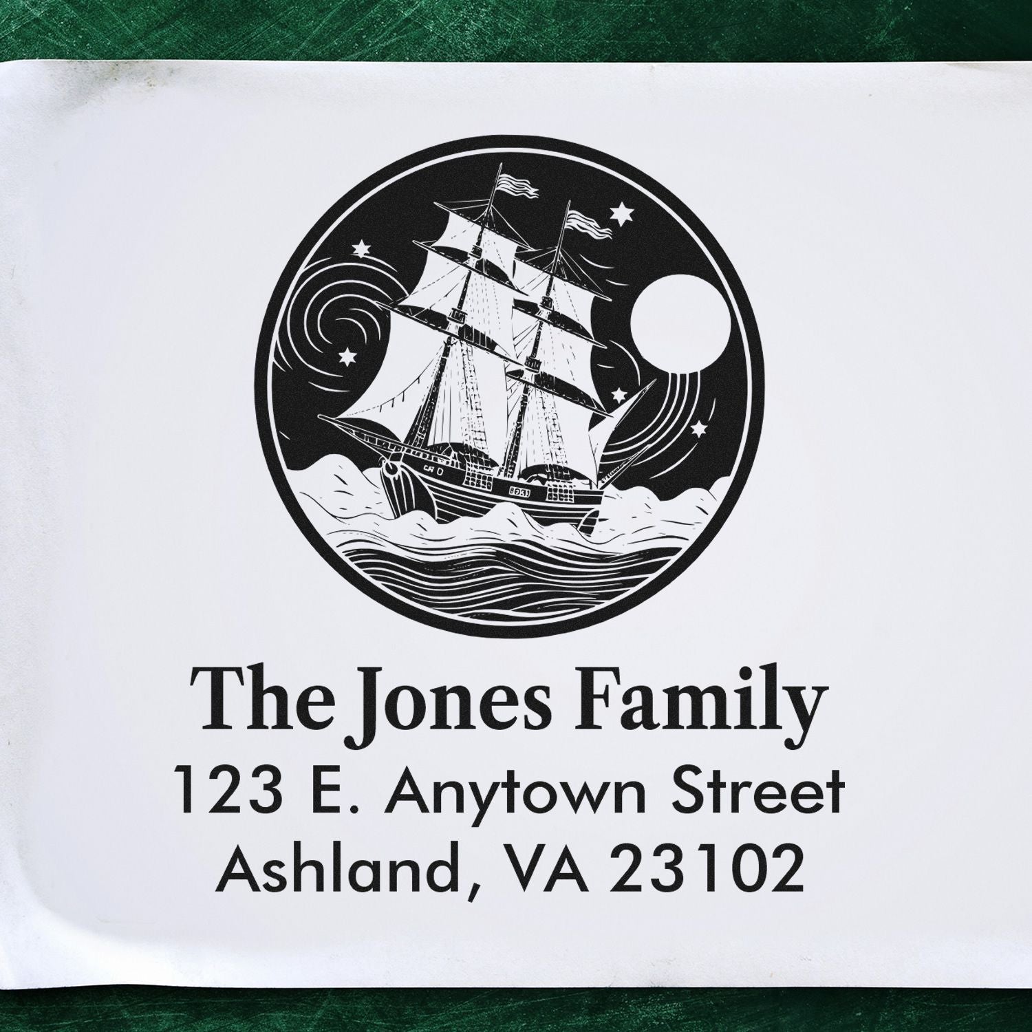 Personalized family address rubber stamp with sailboat design for The Jones Family, Ashland, VA 23102