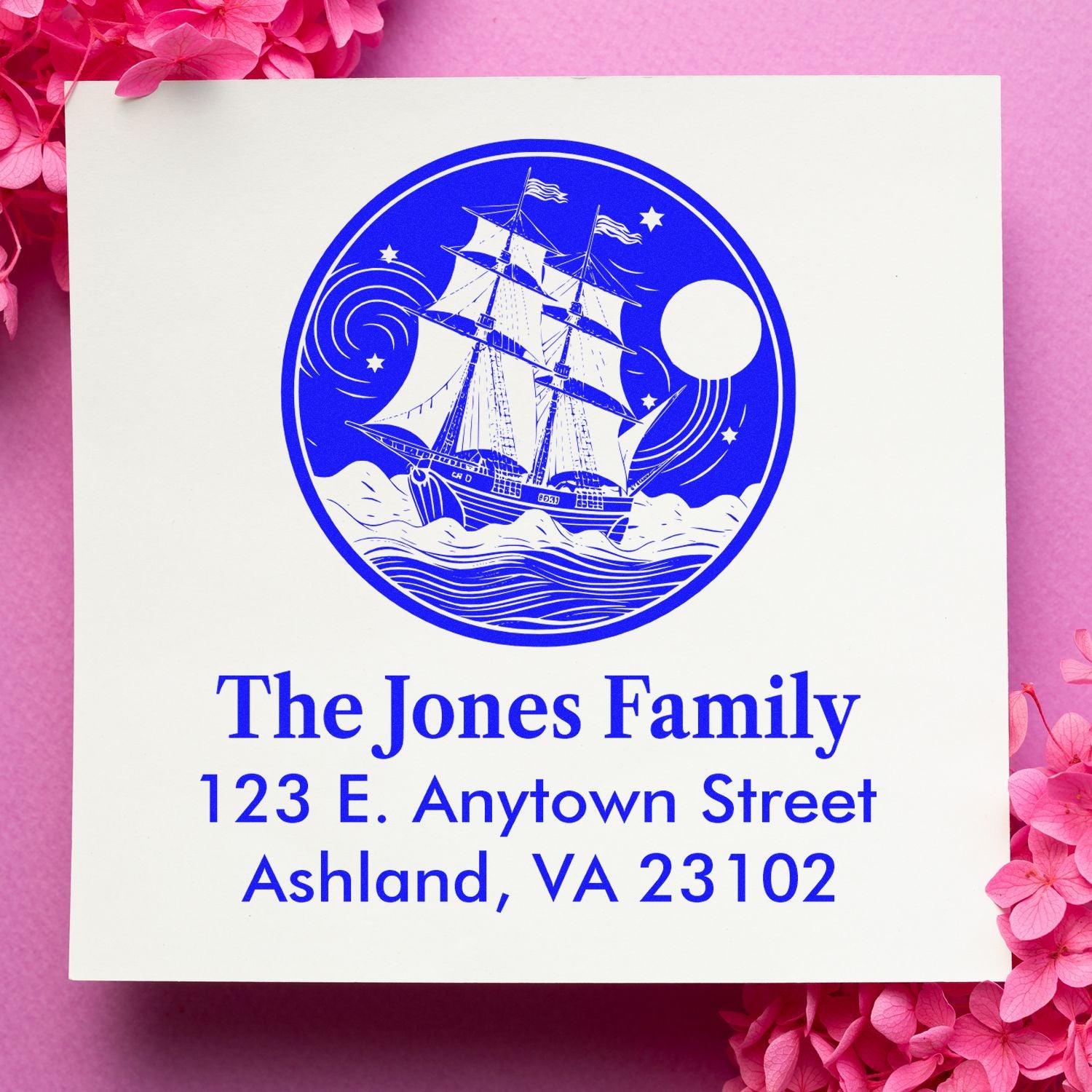 Custom family return address rubber stamp with sailing ship design for The Jones Family, Ashland, VA 23102.