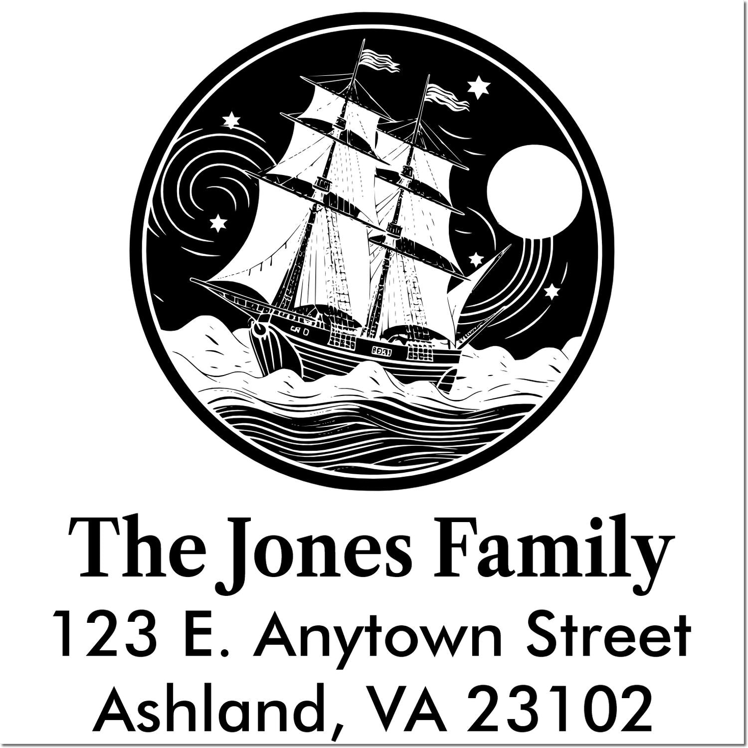 Custom nautical return address rubber stamp with sailing ship for The Jones Family, Ashland, VA 23102.