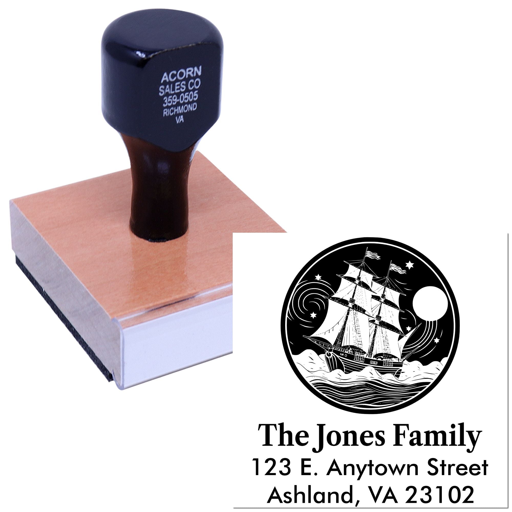 Custom return address rubber stamp with nautical ship design for personalized family mailing labels.