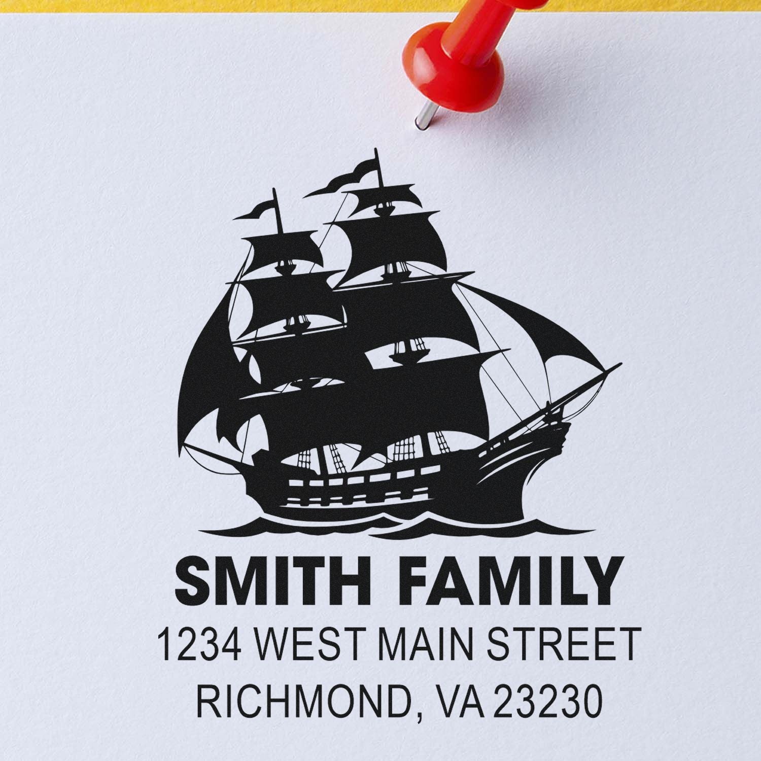 Custom rubber stamp with sailing ship design for Smith Family return address in Richmond, VA 23230.