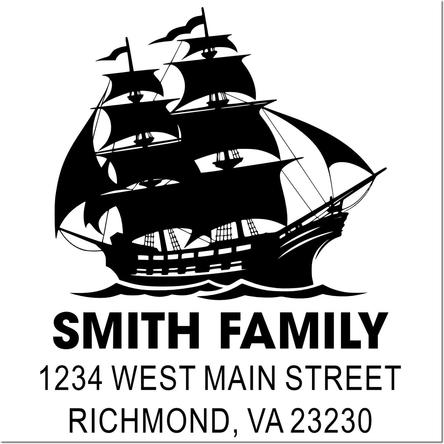 Custom return address rubber stamp with sailing ship logo for Smith Family, 1234 West Main Street, Richmond, VA 23230.