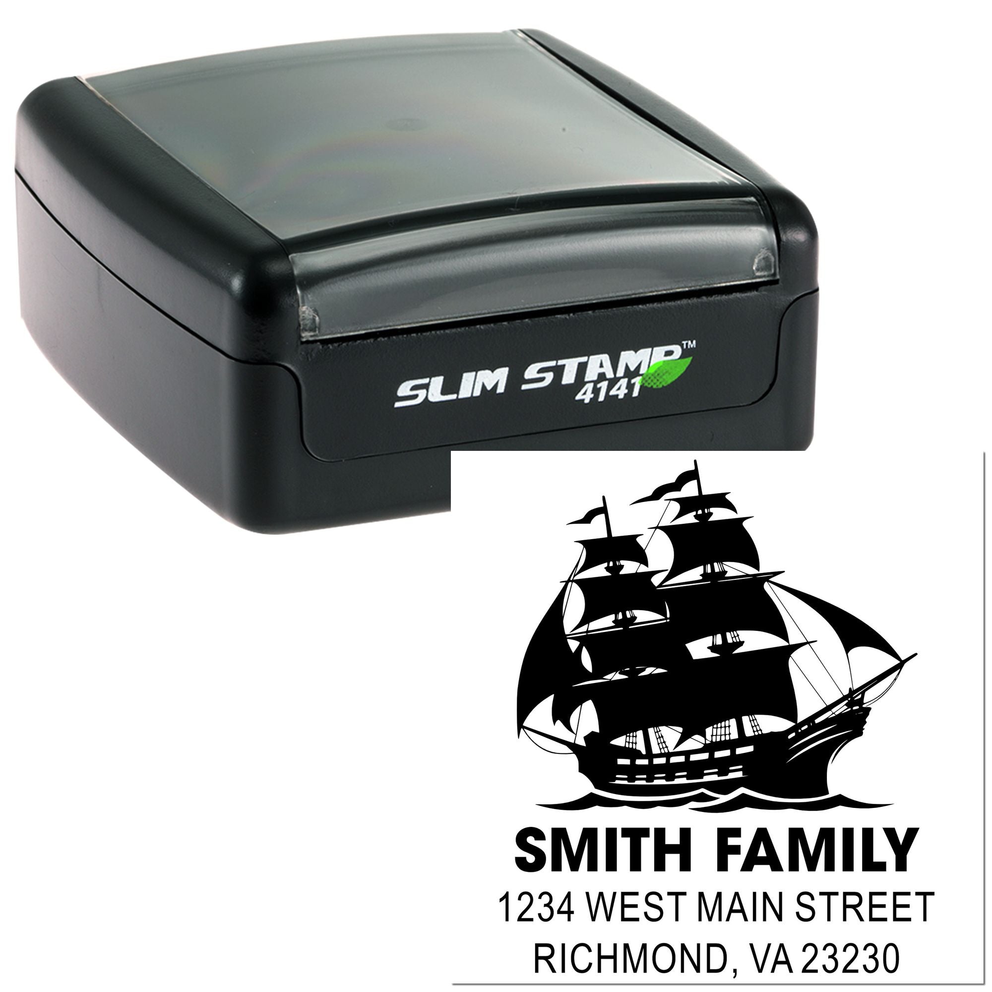 Custom self-inking Slim Stamp with ship logo, family name, and address for personalized return address rubber stamping.