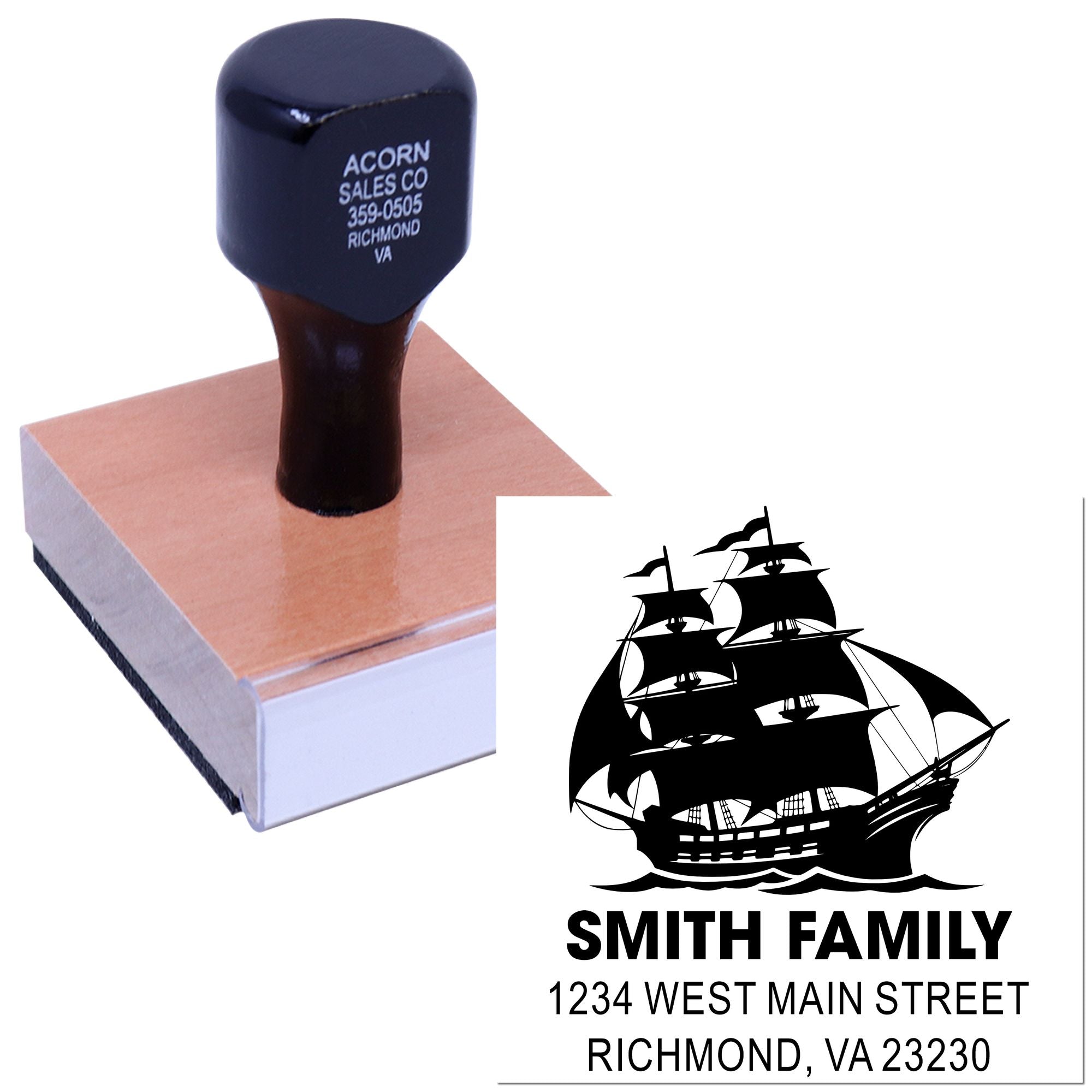 Personalized rubber stamp with pirate ship artwork and Smith family address for custom return address envelopes.
