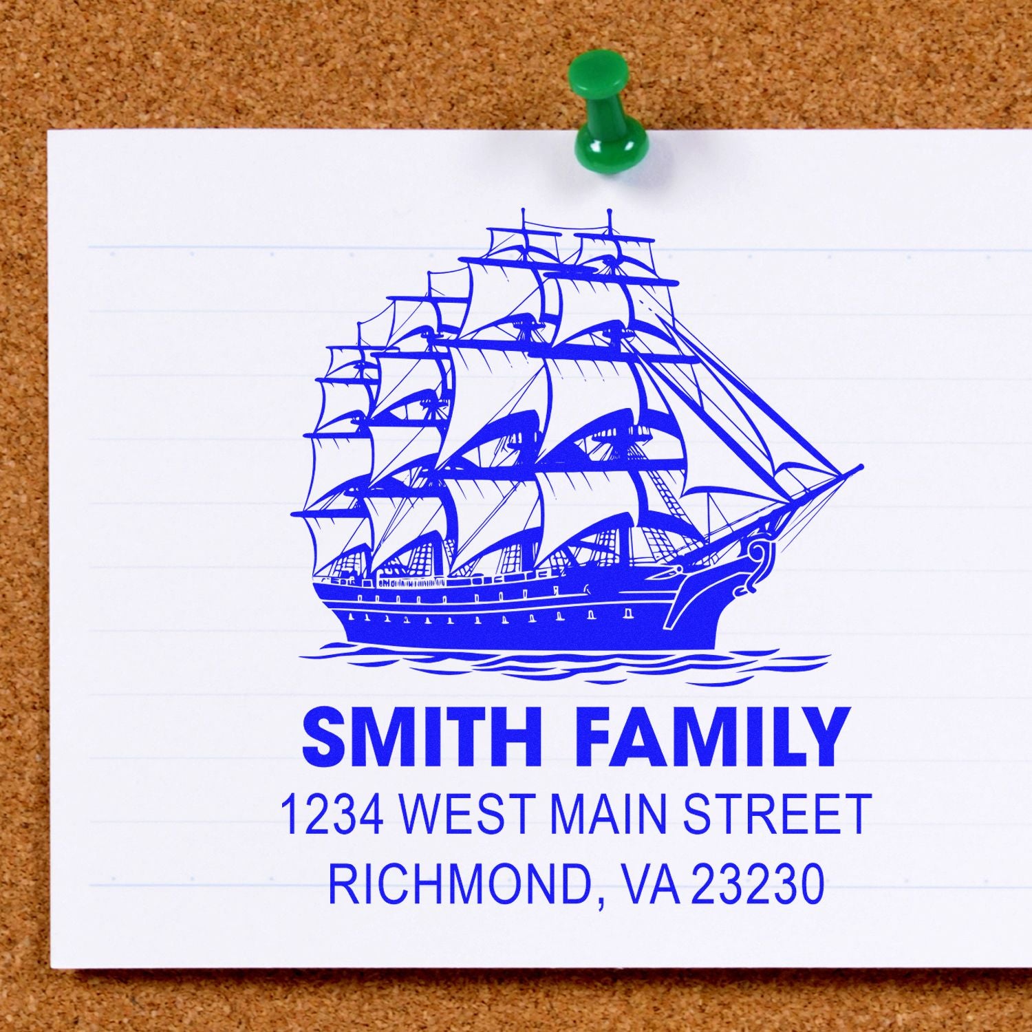 Custom return address rubber stamp with ship design for Smith Family, 1234 West Main Street, Richmond, VA 23230.