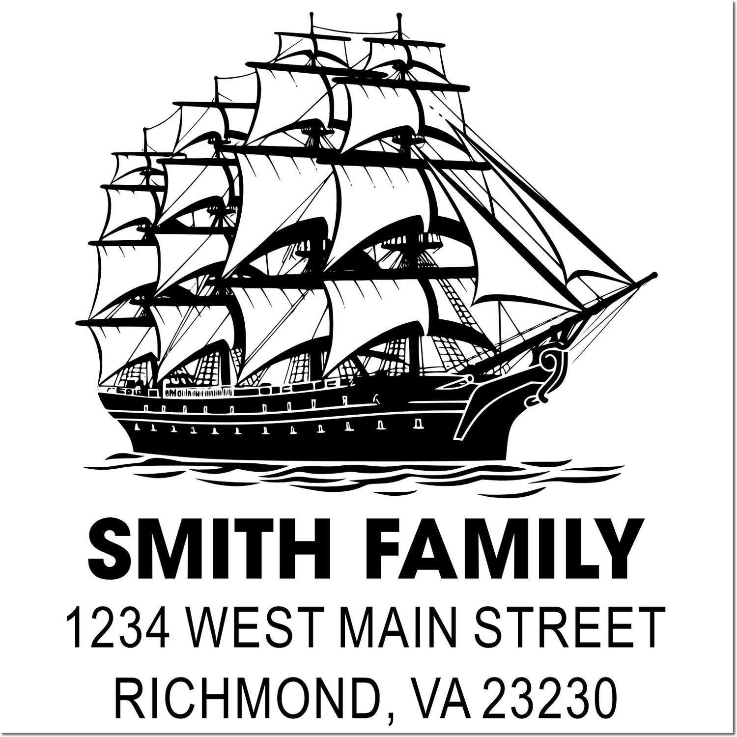 Custom family return address rubber stamp with sailing ship design, Smith Family, 1234 West Main Street, Richmond, VA 23230.