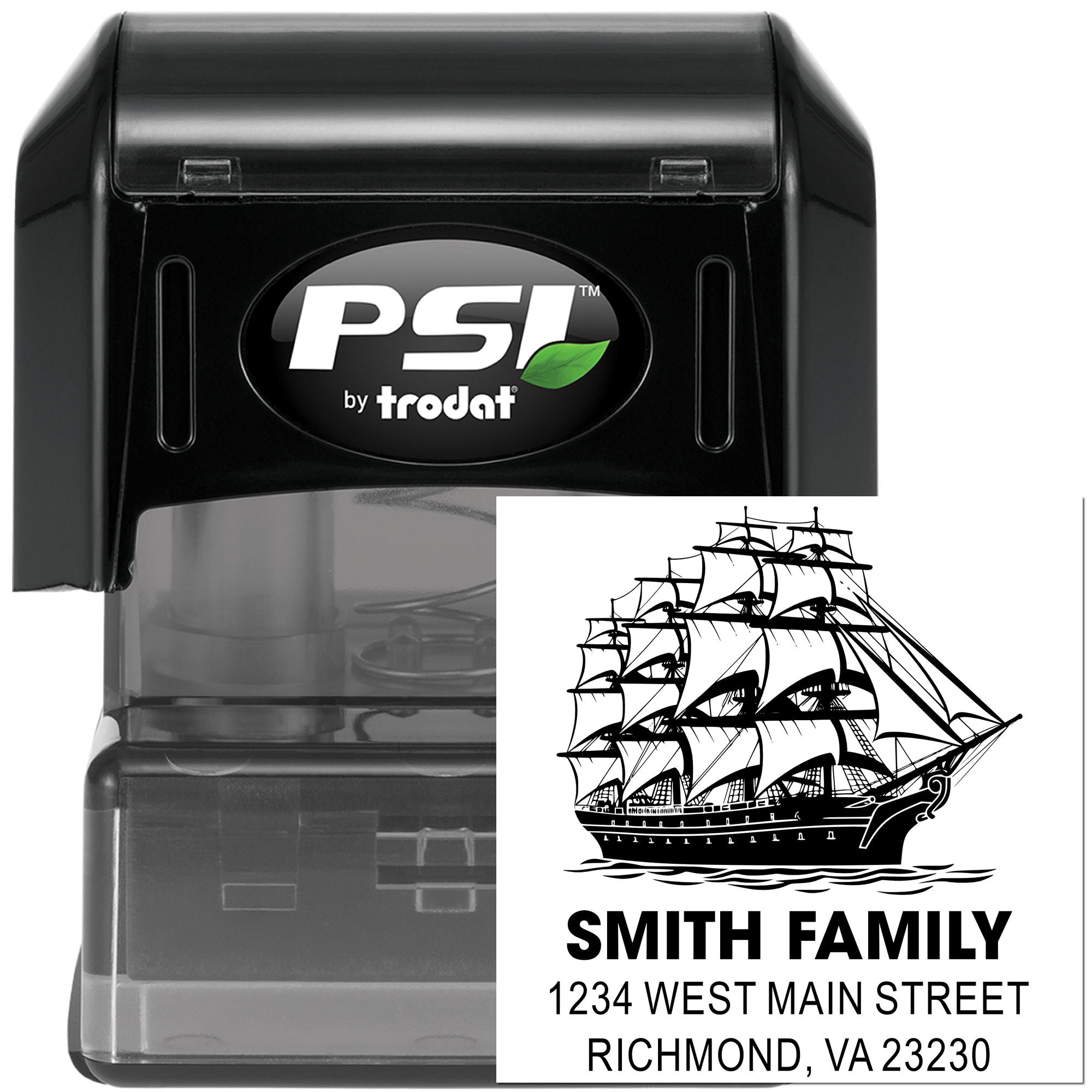 Custom personalized self-inking rubber stamp with ship design for family address and return mailing, PSI by Trodat