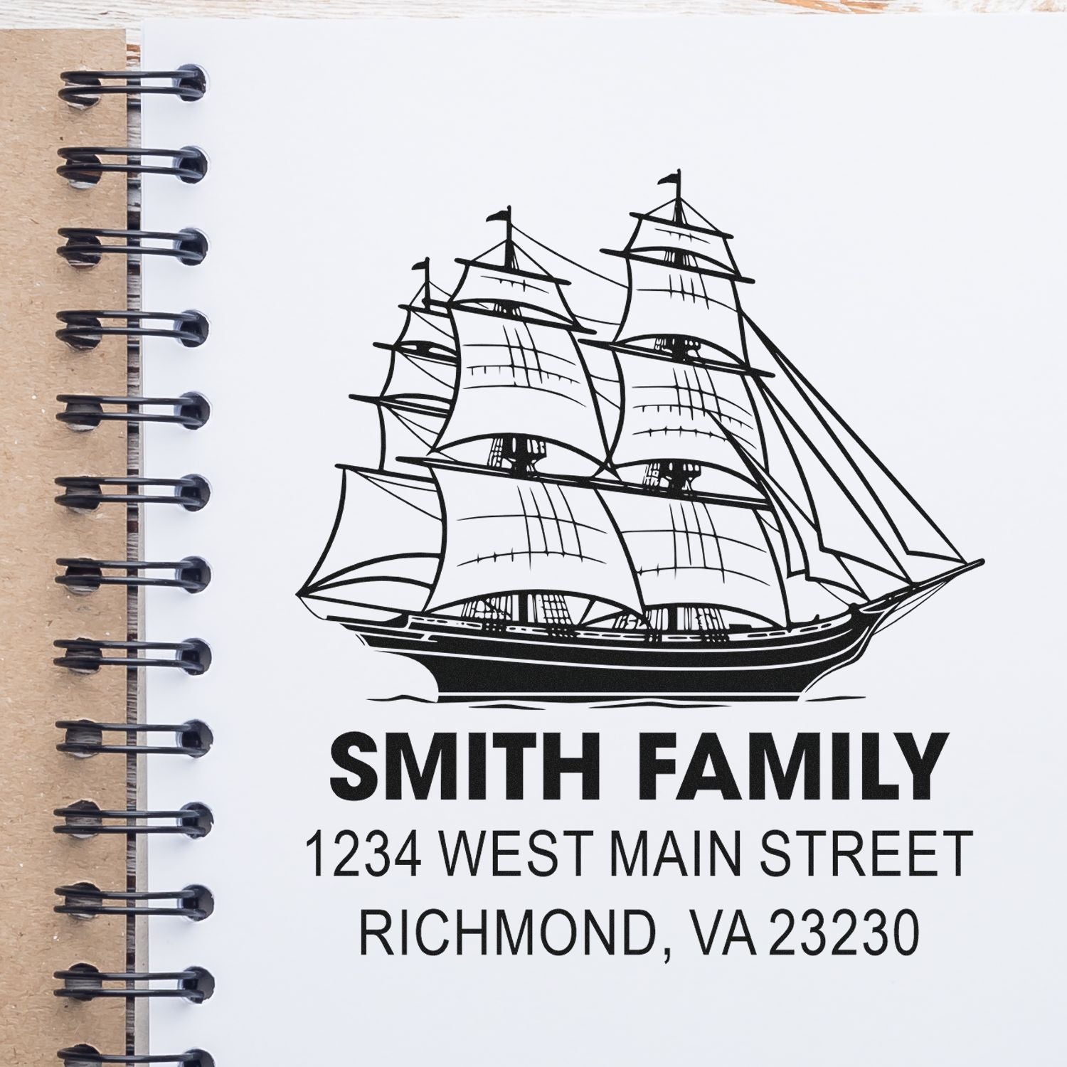 Custom nautical rubber stamp with sailing ship, Smith Family name, and Richmond, VA address for personalized mail and stationery.