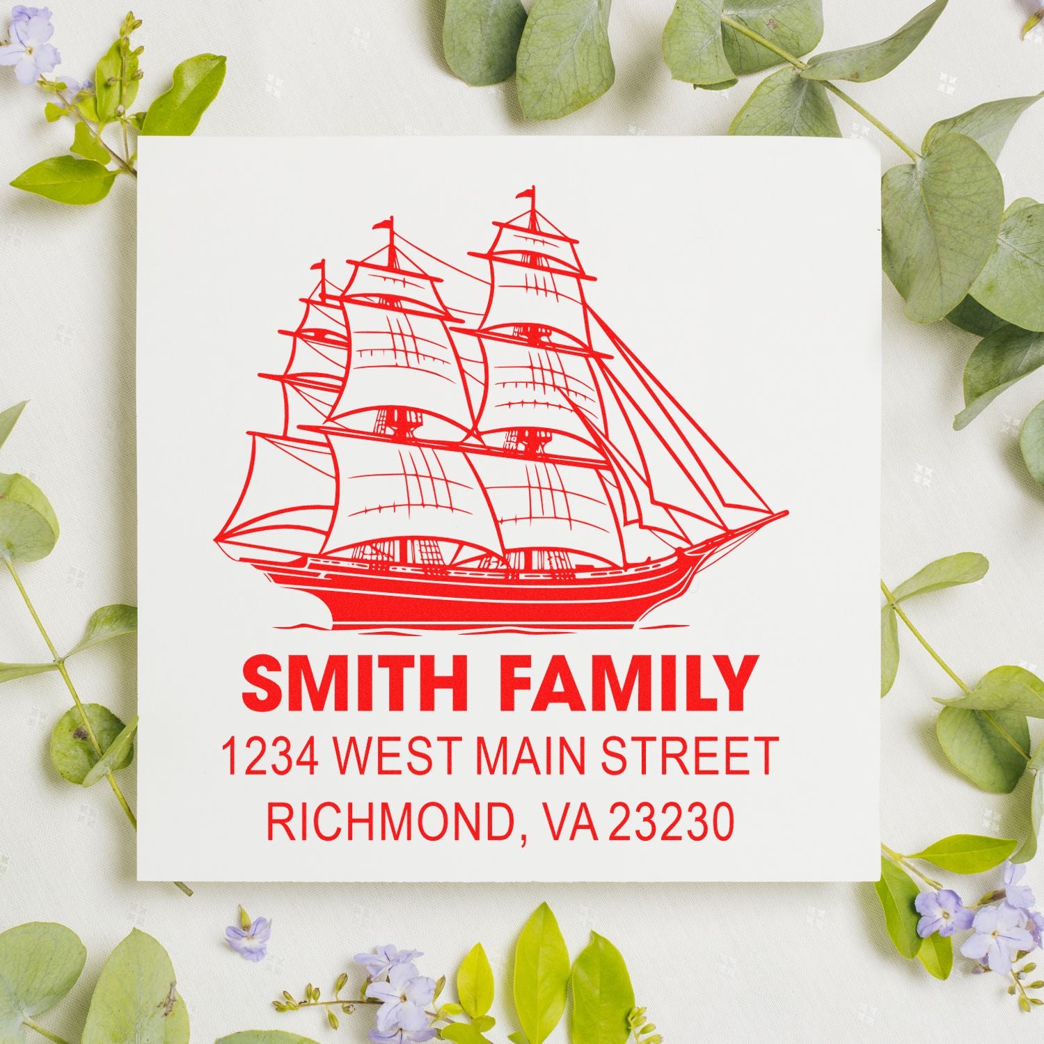Custom nautical family address stamp with sailing ship, Smith Family name, and Richmond, VA return address.