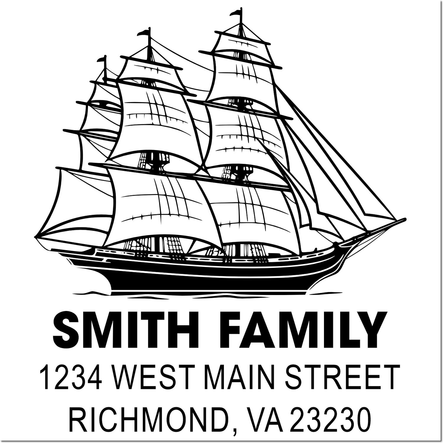 Custom family return address rubber stamp with tall ship design for Smith Family, 1234 West Main Street, Richmond, VA 23230.