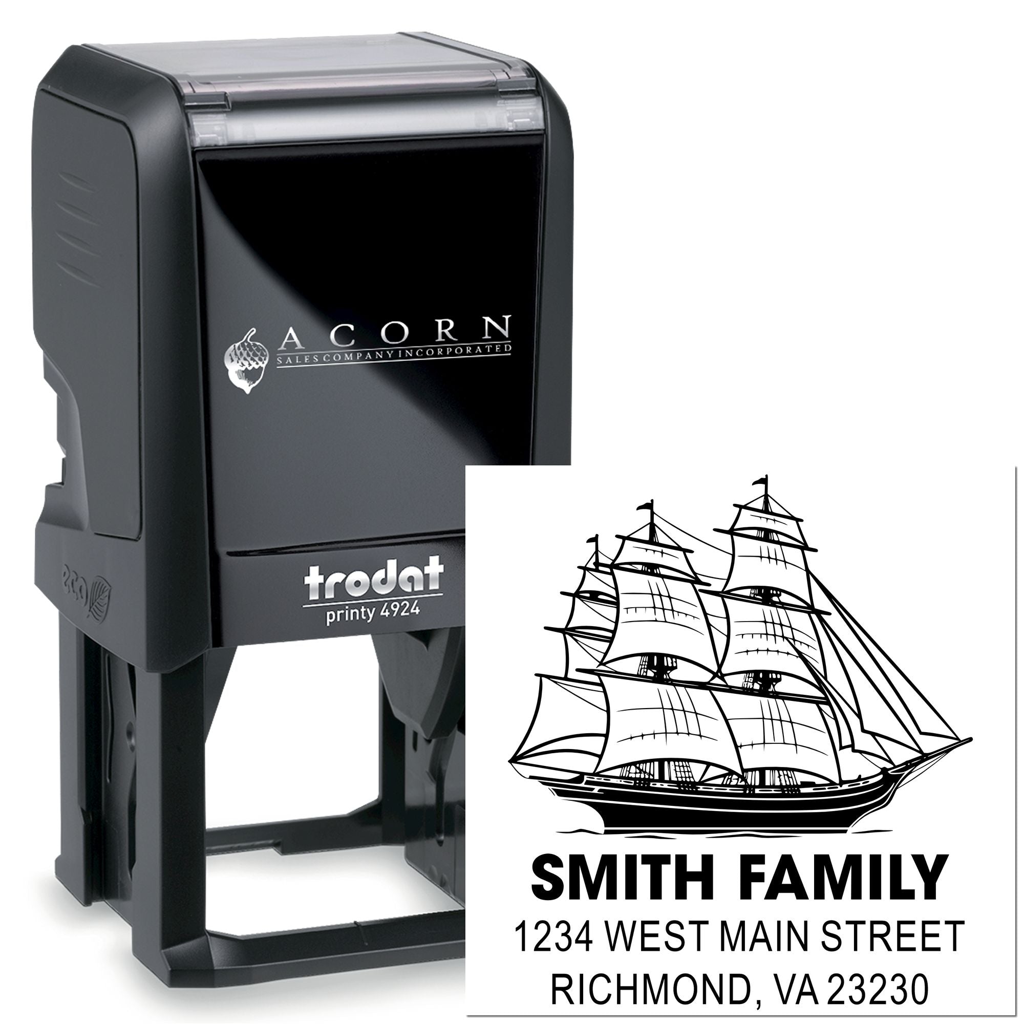 Trodat self-inking address rubber stamp with sailboat design for Smith Family, Richmond VA.
