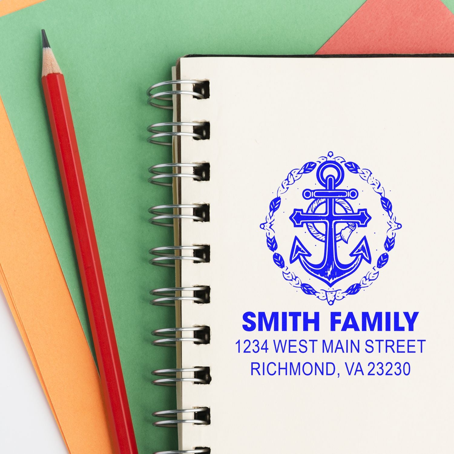 Custom address stamp with nautical anchor design for Smith family stationery, return mail, and labels.