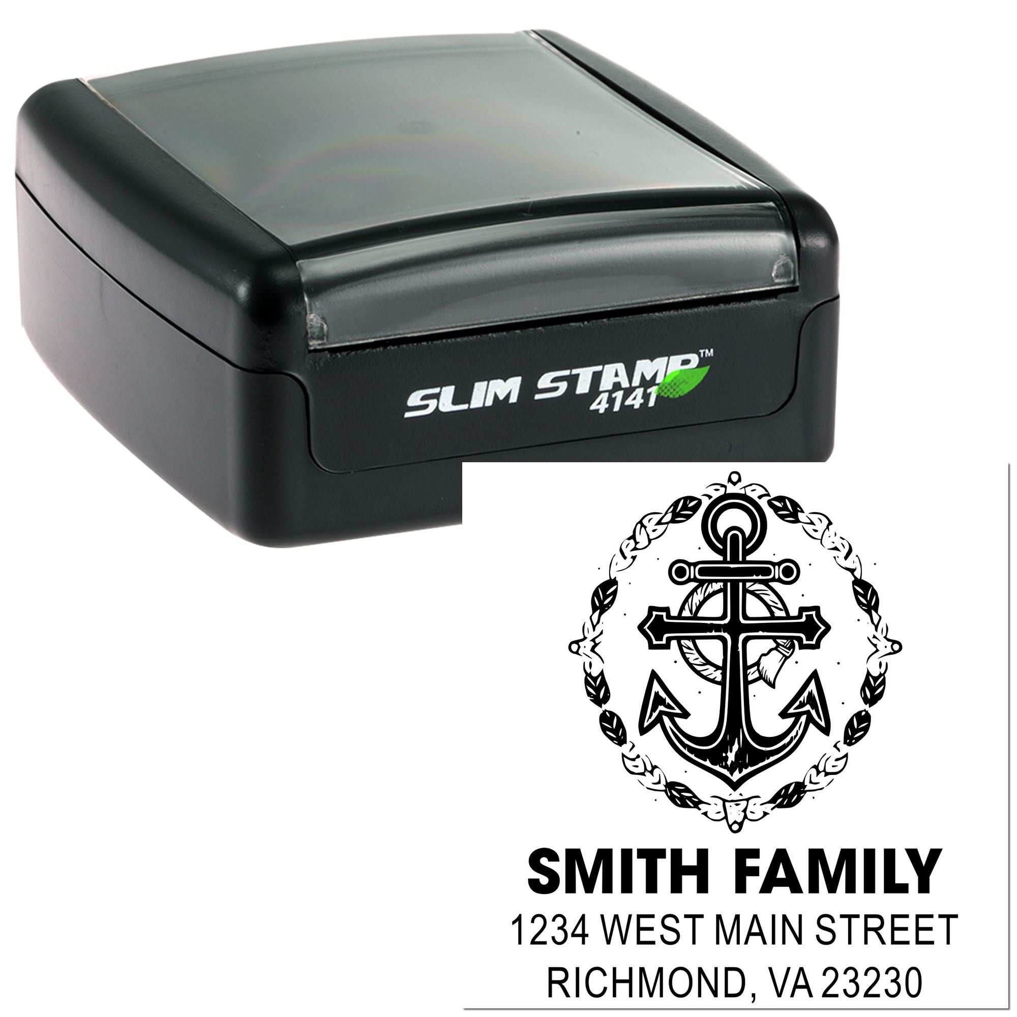 Custom Slim Stamp 4141 self-inking address stamp with nautical anchor design for Smith Family, Richmond, VA.