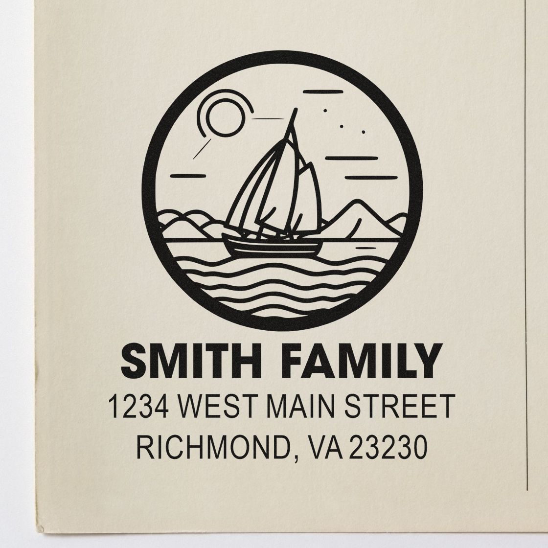 Custom return address rubber stamp with sailboat logo for Smith Family, 1234 West Main Street, Richmond, VA 23230.