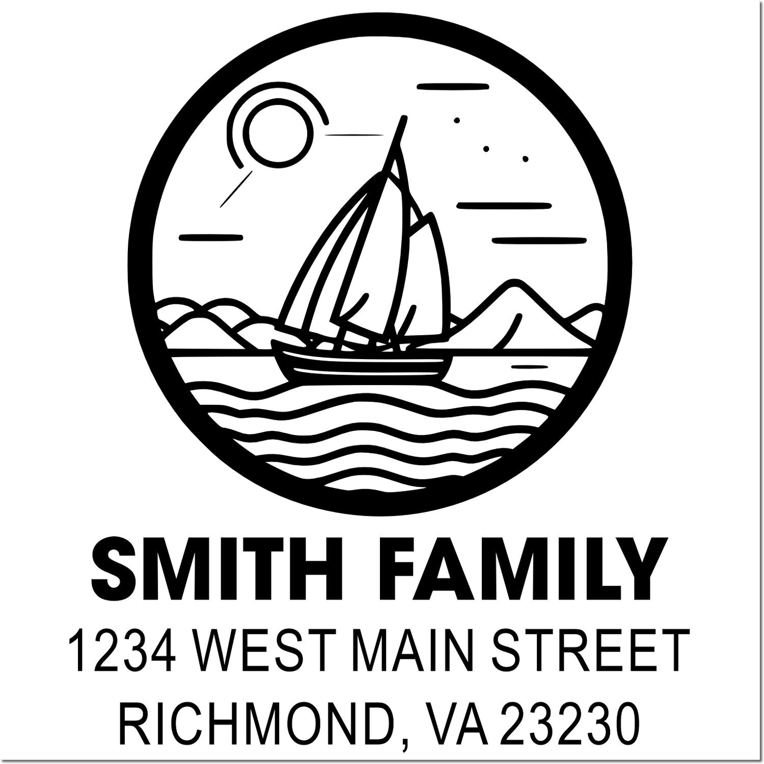 Custom return address rubber stamp with sailboat design, Smith Family, 1234 West Main Street, Richmond, VA 23230