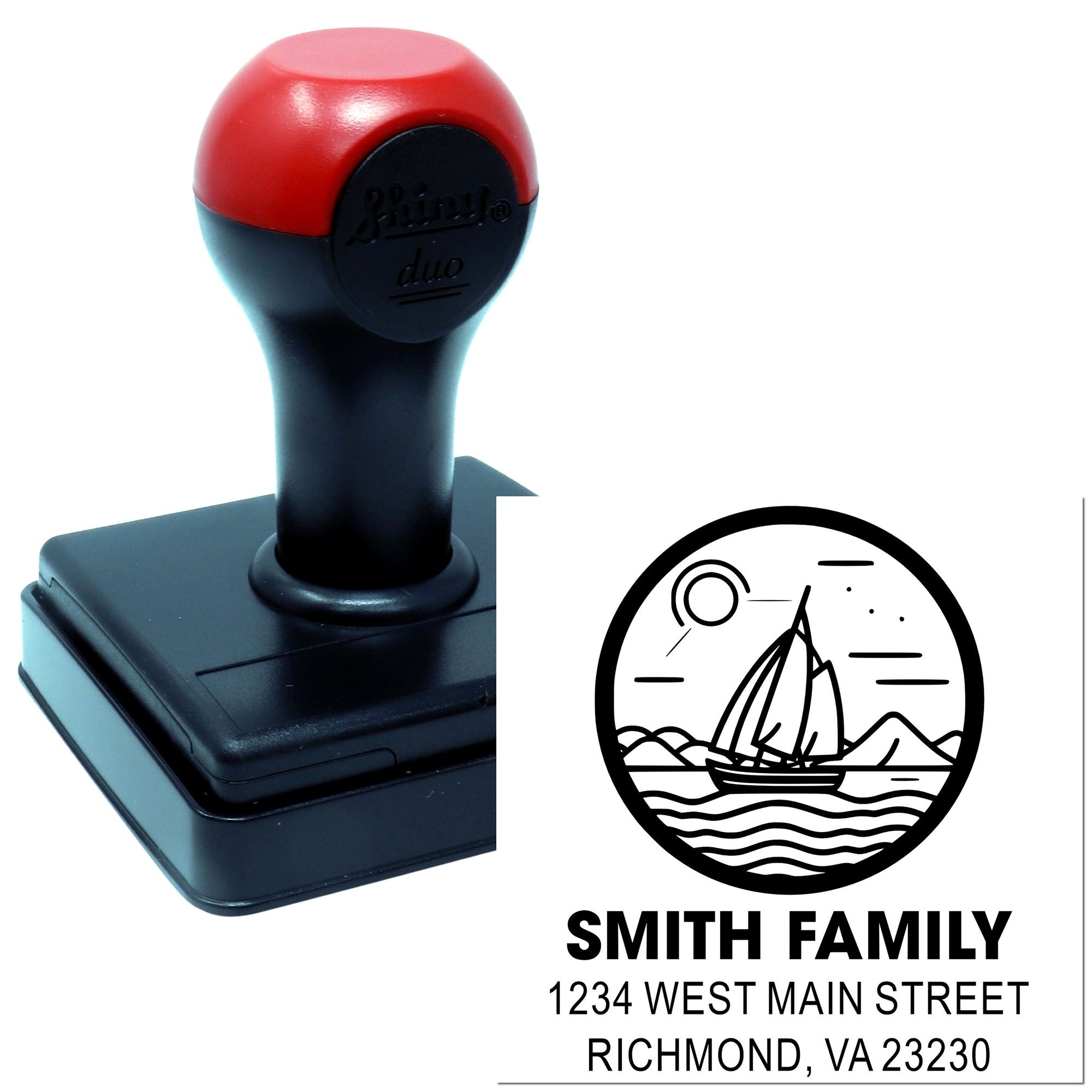 Custom self-inking rubber address stamp with family logo and return address for mailing envelopes