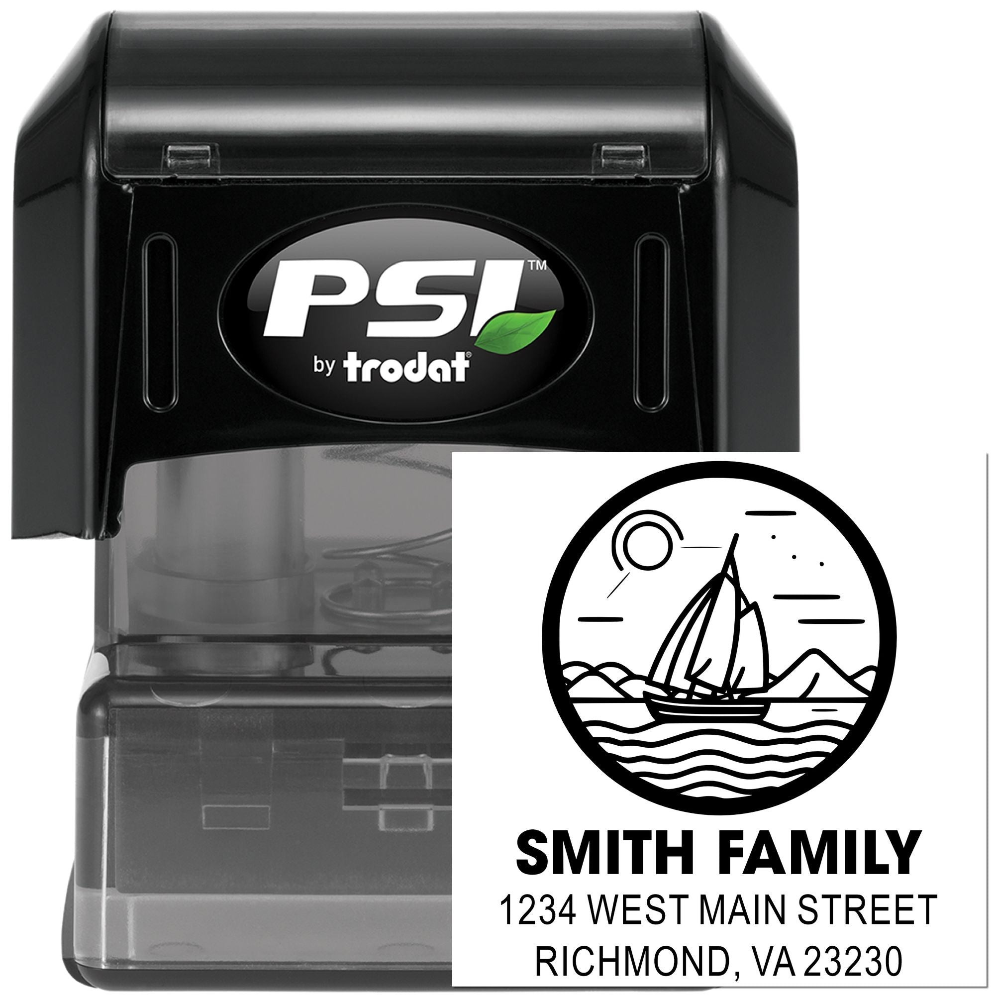 Custom self-inking rubber return address stamp by PSI Trodat with sailboat logo and Smith Family address.