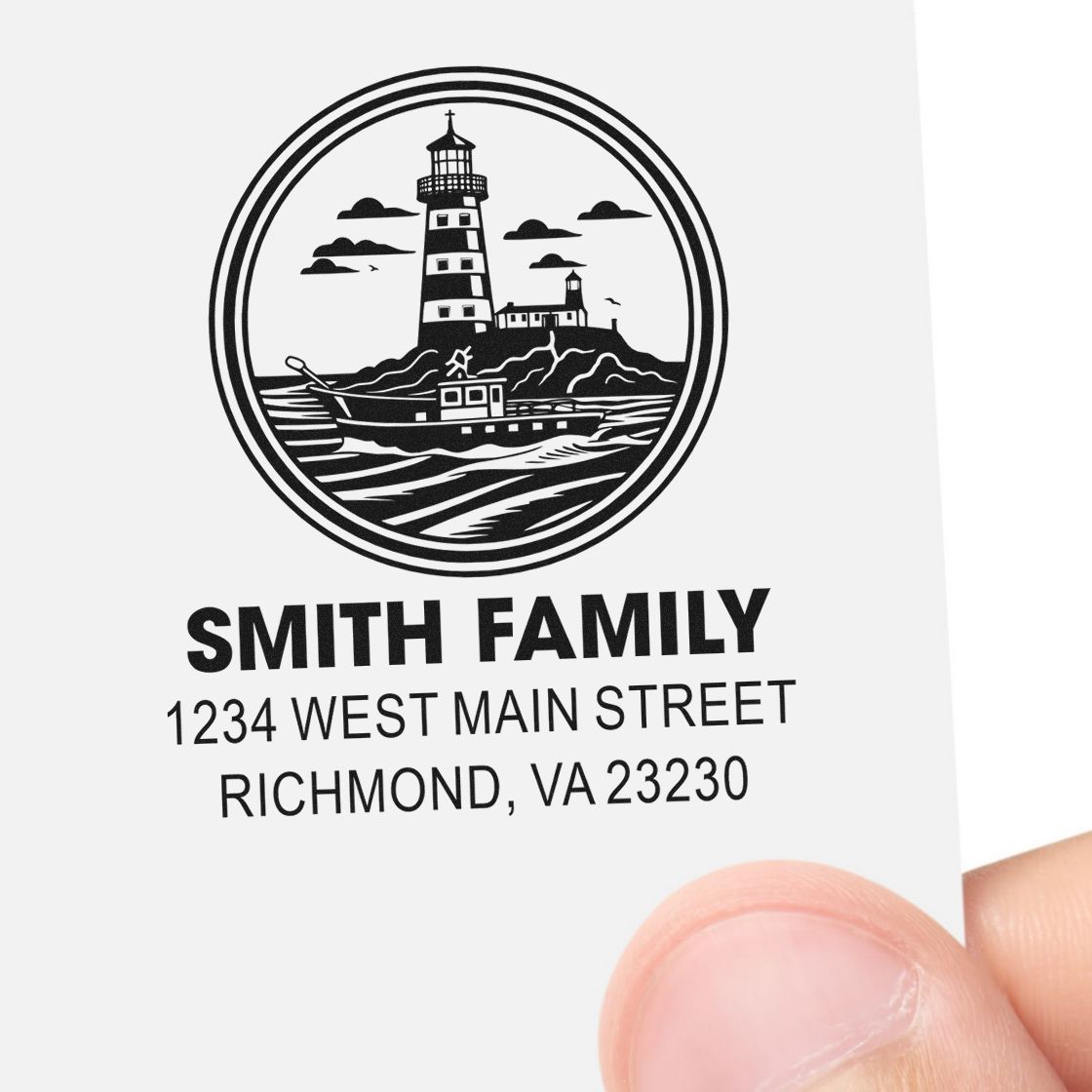 Custom lighthouse return address rubber stamp for Smith Family, Richmond, VA 23230