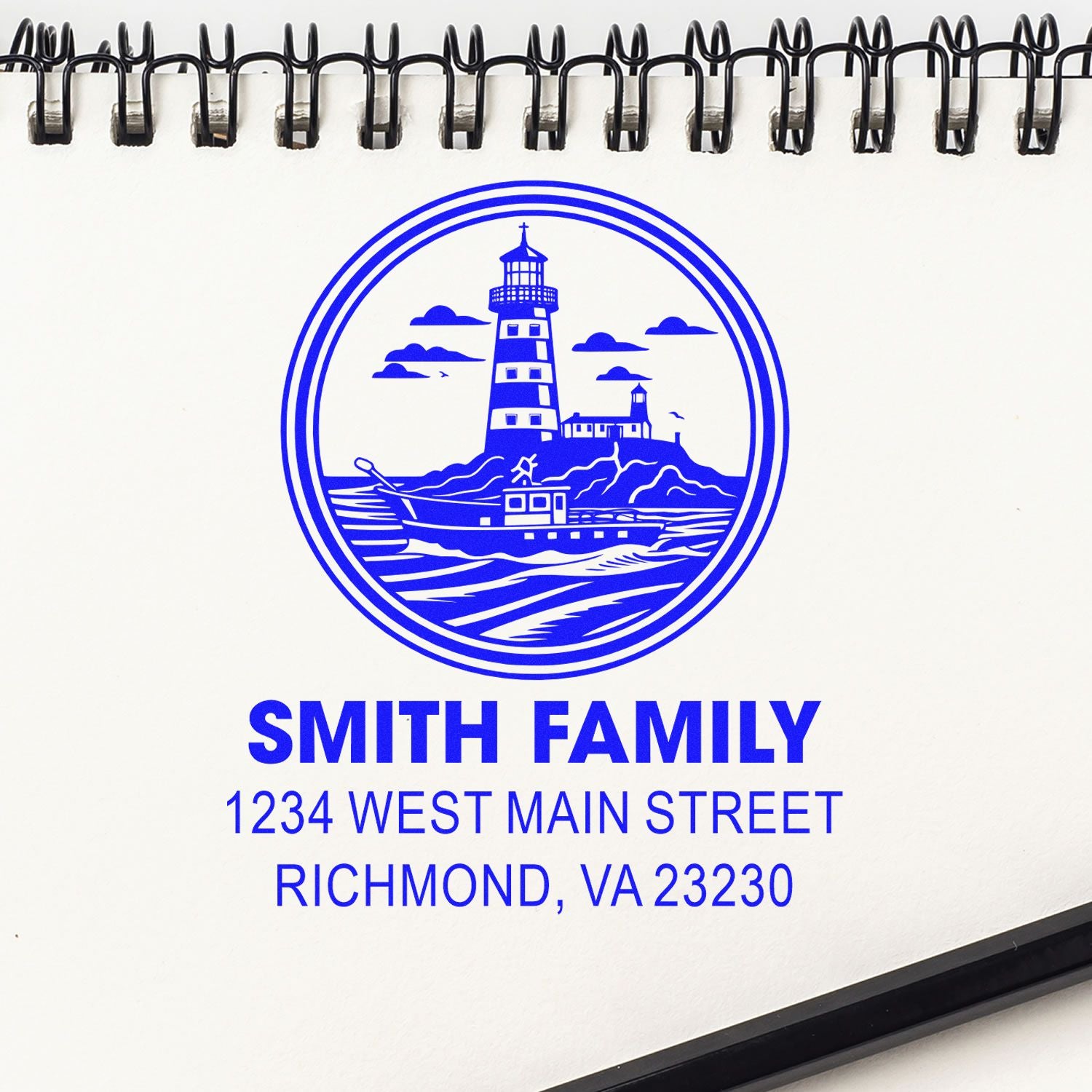 Personalized rubber address stamp with lighthouse logo, Smith Family name, and Richmond, VA 23230 return address.
