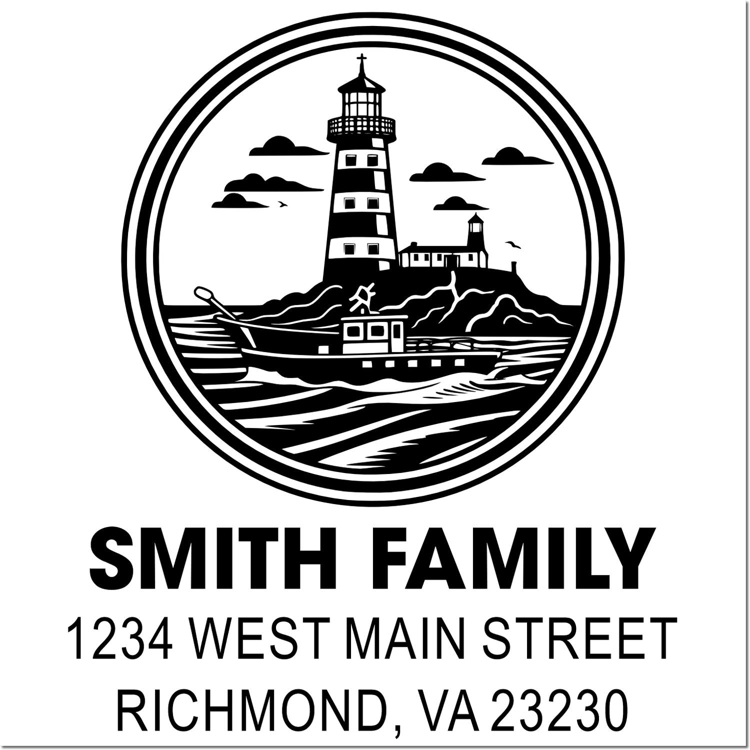 Custom lighthouse return address rubber stamp for Smith Family, 1234 West Main Street, Richmond, VA 23230.