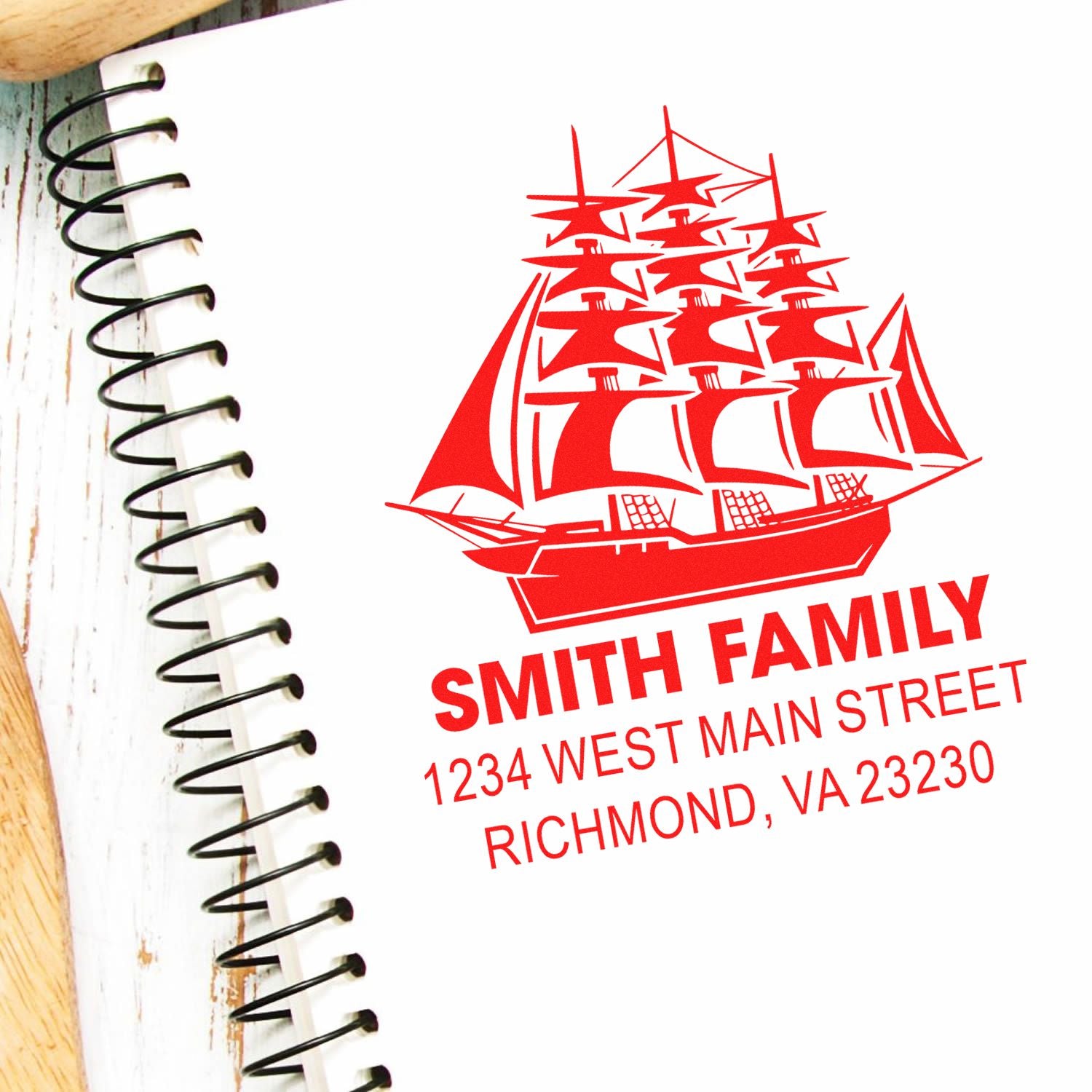 Custom nautical rubber stamp with ship design, Smith Family name, and address for personalized stationery and mailing.