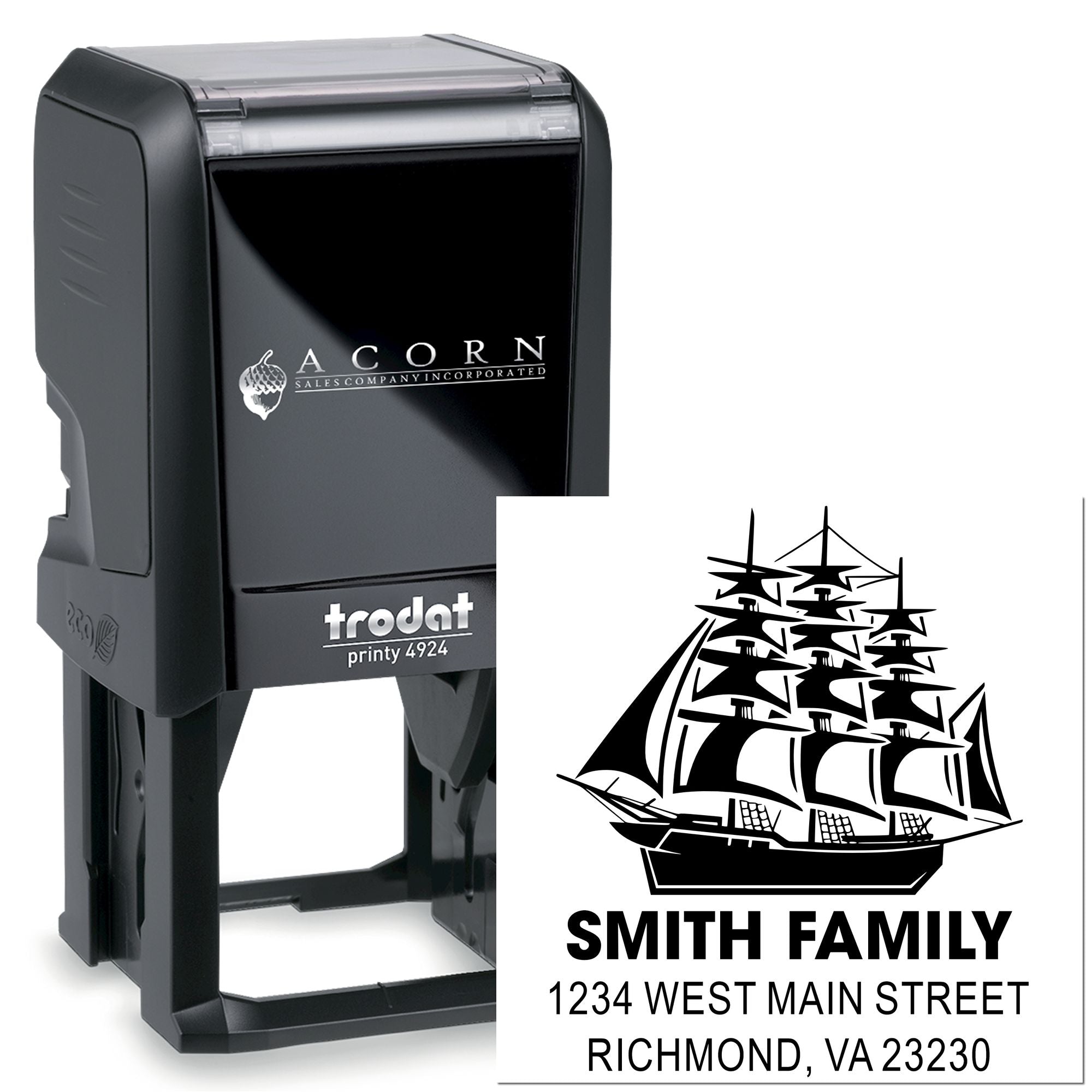 Personalized self-inking address rubber stamp with ship design, Smith Family return address, and Trodat Printy 4924.
