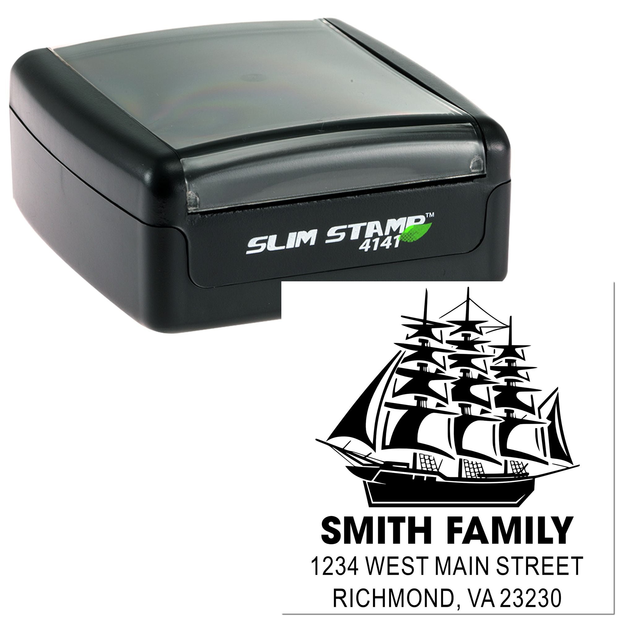 Custom self-inking rubber address stamp with ship design for family return address and mailing labels.