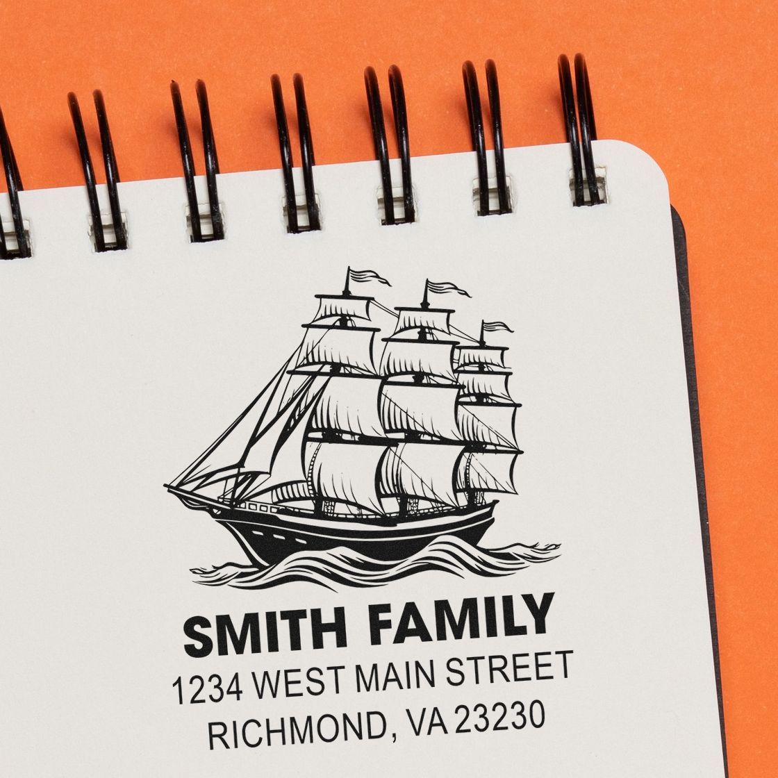 Personalized return address rubber stamp with sailboat design for Smith Family, featuring custom name and Richmond, VA address.