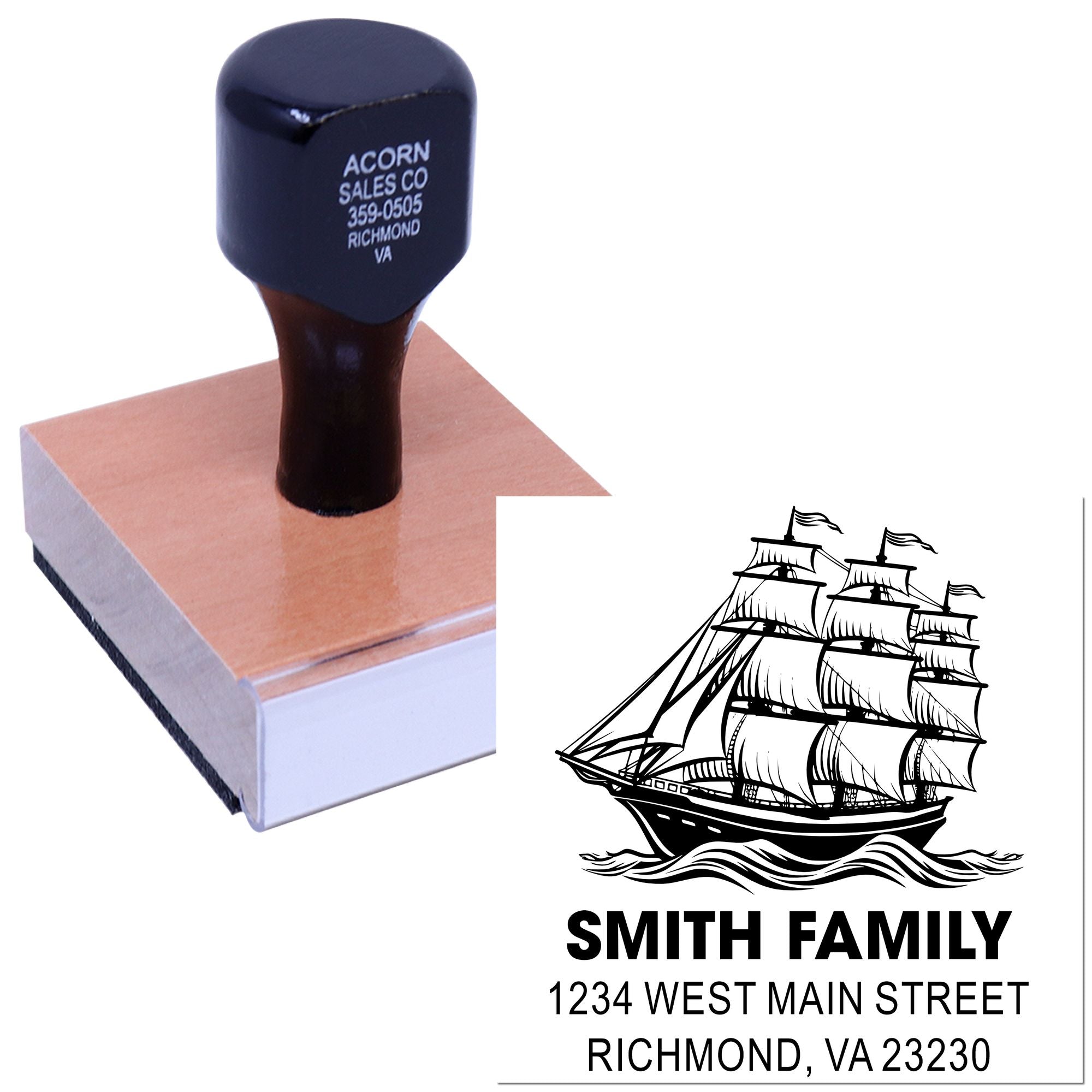 Custom rubber address stamp with ship logo and Smith Family return address, Richmond, VA 23230.