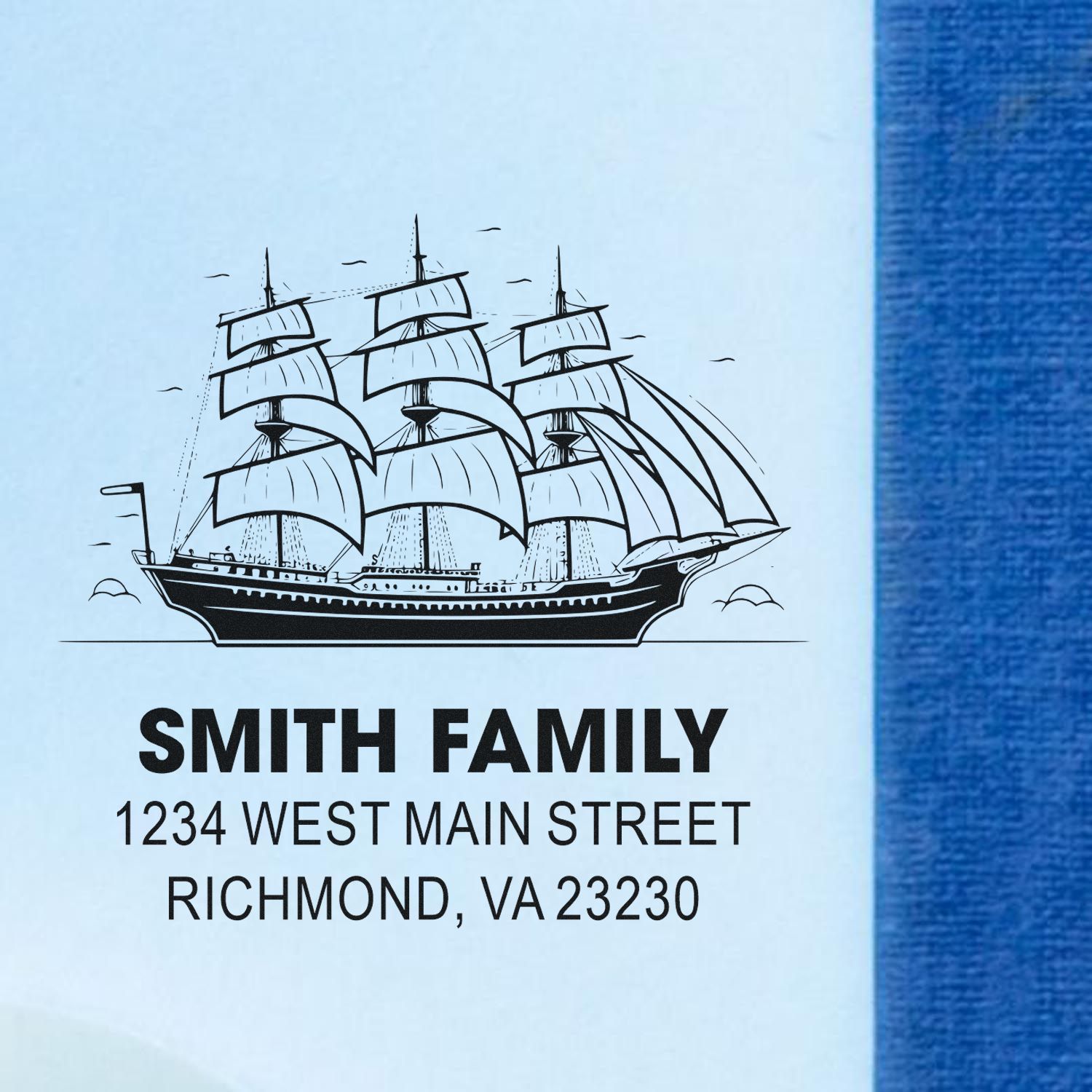 Custom nautical return address rubber stamp with tall ship design for Smith Family, Richmond, VA 23230
