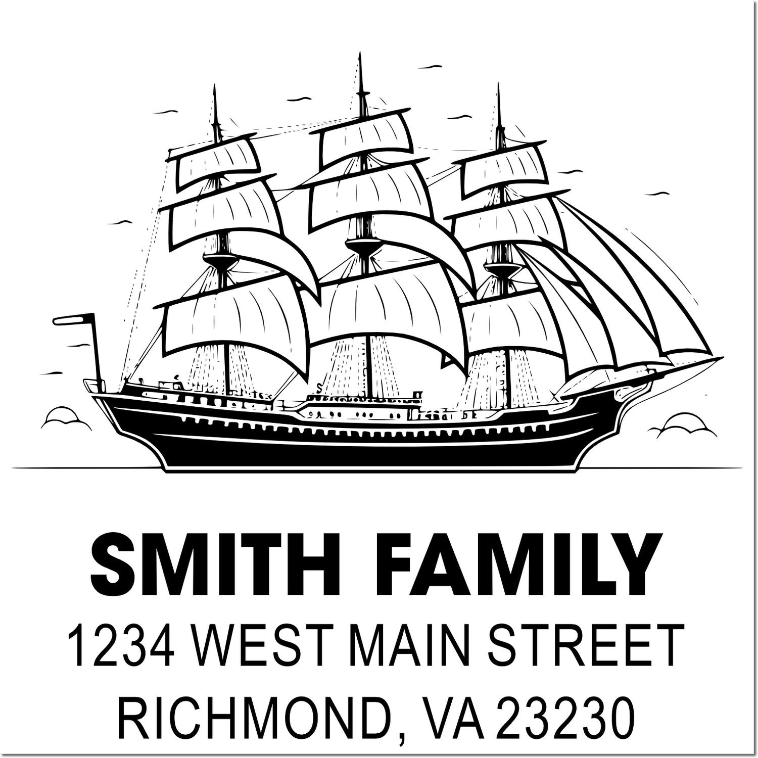 Custom sailing ship return address rubber stamp for Smith Family, 1234 West Main Street, Richmond, VA 23230