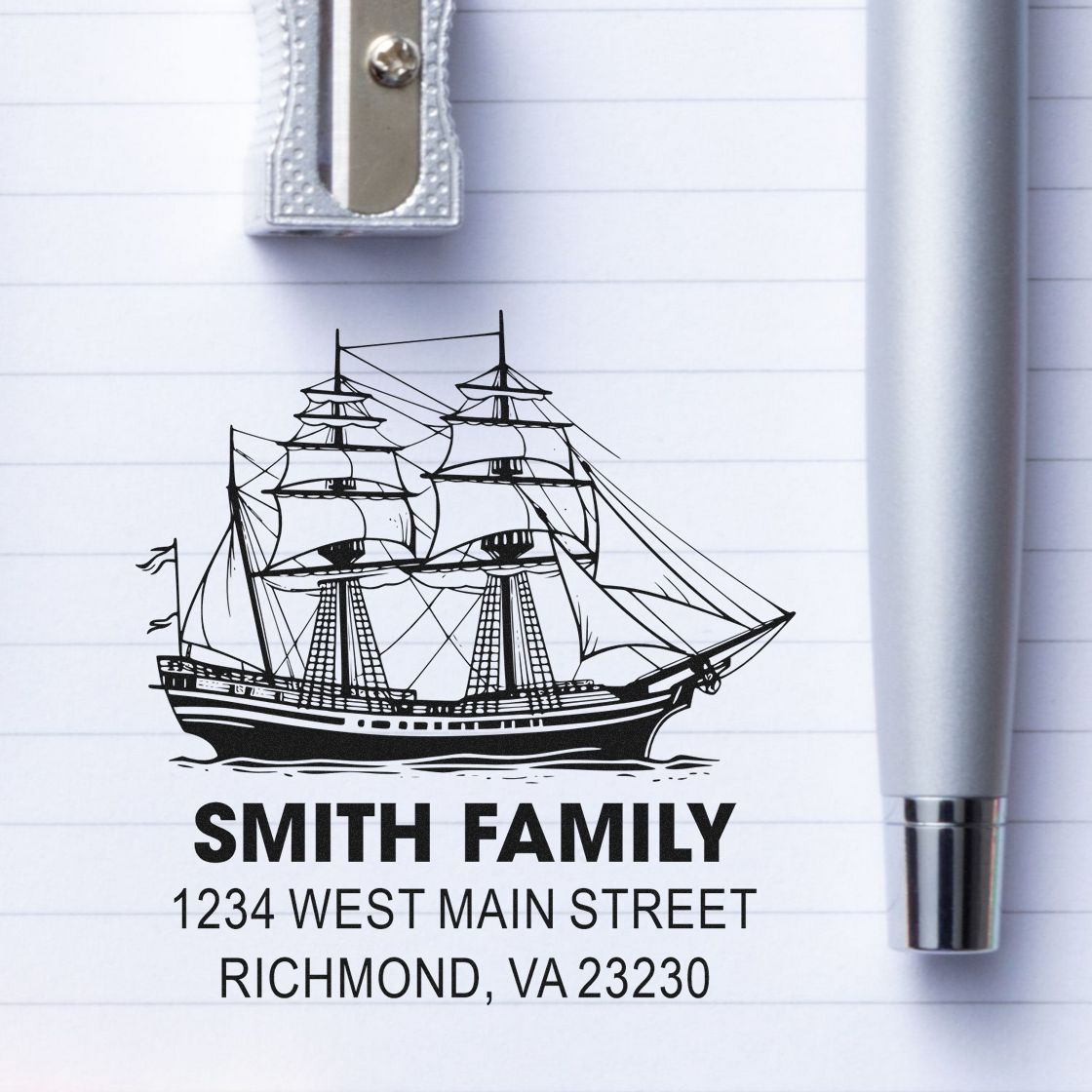 Custom family address rubber stamp with ship illustration, Smith Family return address, Richmond, VA personalized stamp.