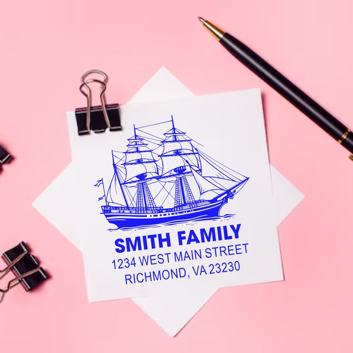 Custom return address rubber stamp with sailing ship design, Smith family name, and Richmond, VA address on paper.