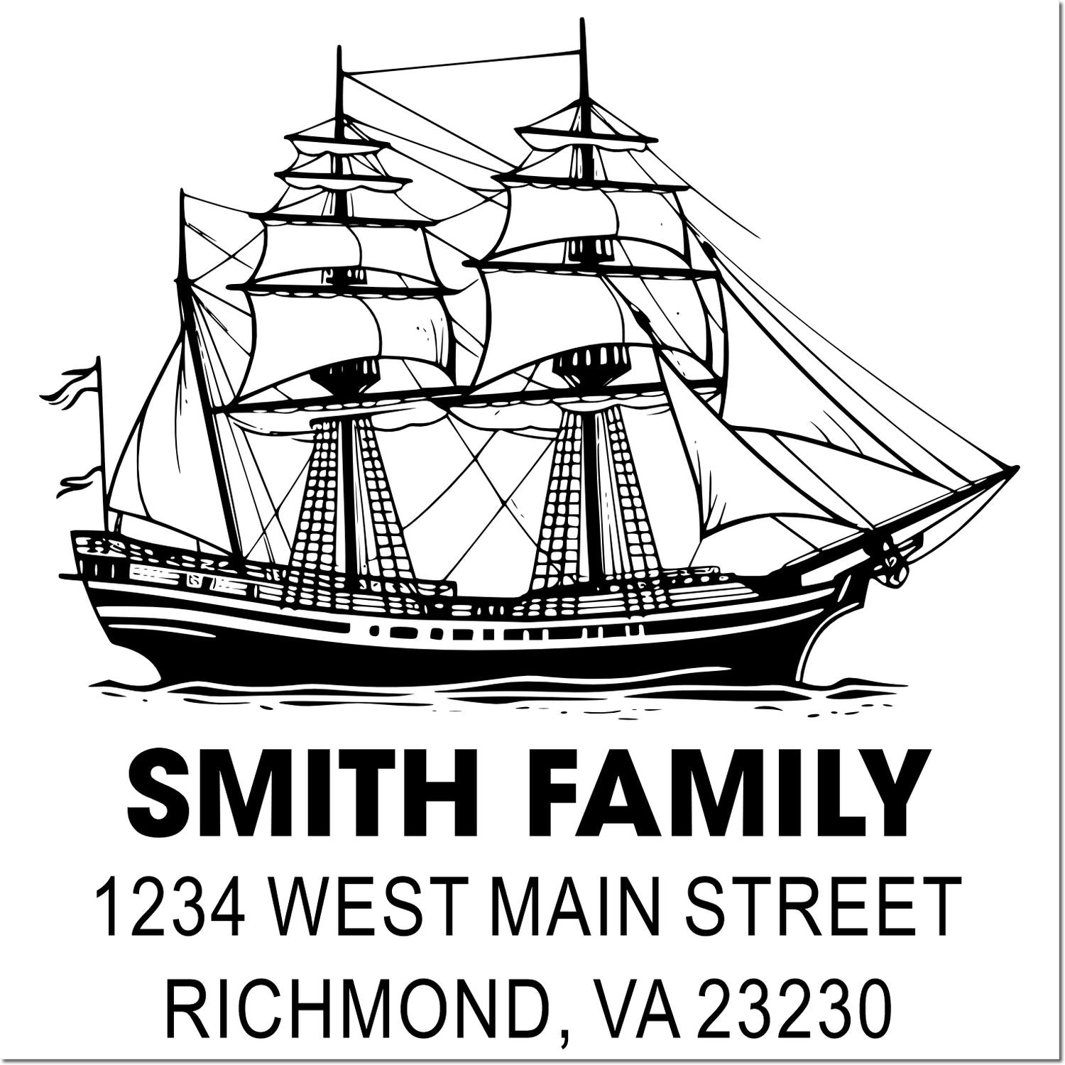 Custom nautical return address rubber stamp with sailing ship, Smith Family, 1234 West Main Street, Richmond, VA 23230.